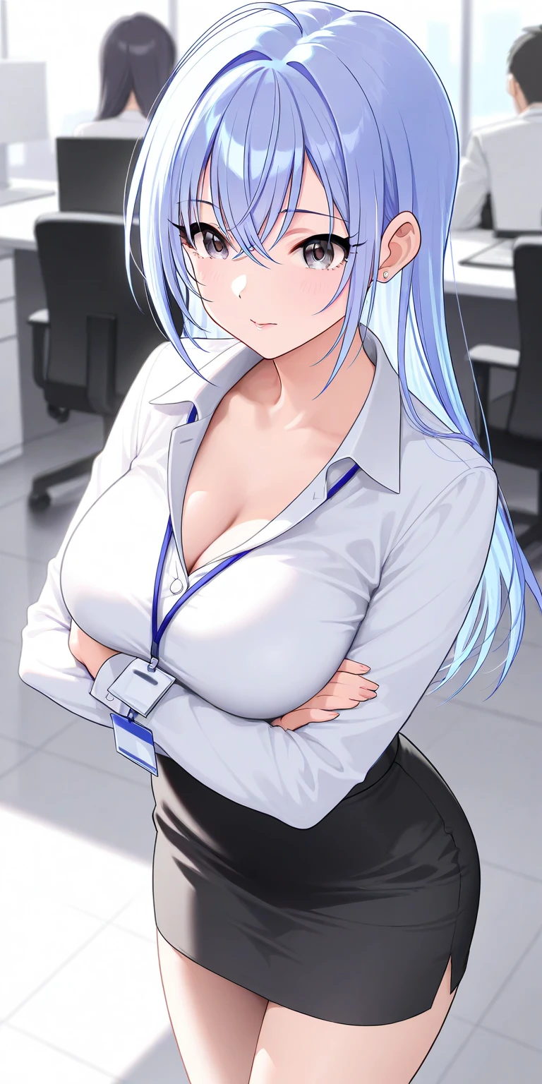 ((masterpiece)), (best quality), beautiful, extremely detailed face, perfect lighting,ultra-detailed,((expressionless)),((cold attitude)),((tsurime)),((tareme)),breasts,((Mature female)),((yukino, long hair, smile, bangs, (big breasts:1.2), braid, silver hair, braided ponytail, blue eyes, ringed eyes,
shirt, long sleeves, white shirt, necktie, collared shirt, pantyhose, formal, suit, black necktie, shirt tucked in, office lady, full body