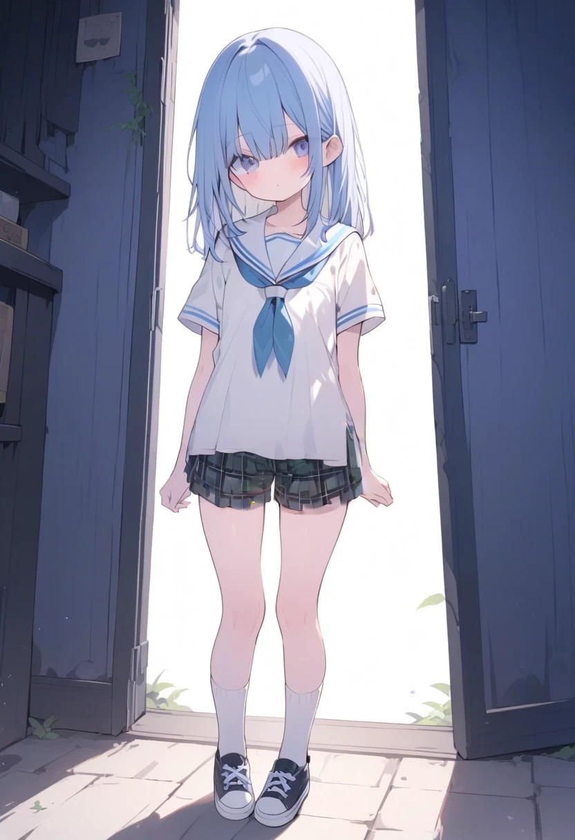 One girl、Standing in front of the house、Light blue hair、blue eyes、Standard bust size、Feeling embarrassed、A little big chest、Wearing a short-sleeved sailor jacket、Wearing green panties、Taking off her skirt、Daytime view