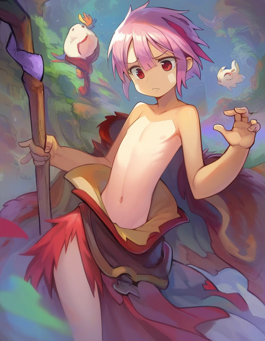 nsfw, masterpiece, 1 girl, erect nipples, intricately detailed, topless, navel, black skirt, bare shoulders, necklace, night, wizard hat, erect nipples, puffy nipples, extremely detailed, bare breasts, nipples, bare stomach, sweaty, moist breath, small breasts smiling, collarbone, wet body, saliva, drooling, pink hair, ray of lights, encore, green eyes, holding wizard staff, embarrassed, forest, trees, grass field, long skirt, waist pouch, sarong, long staff