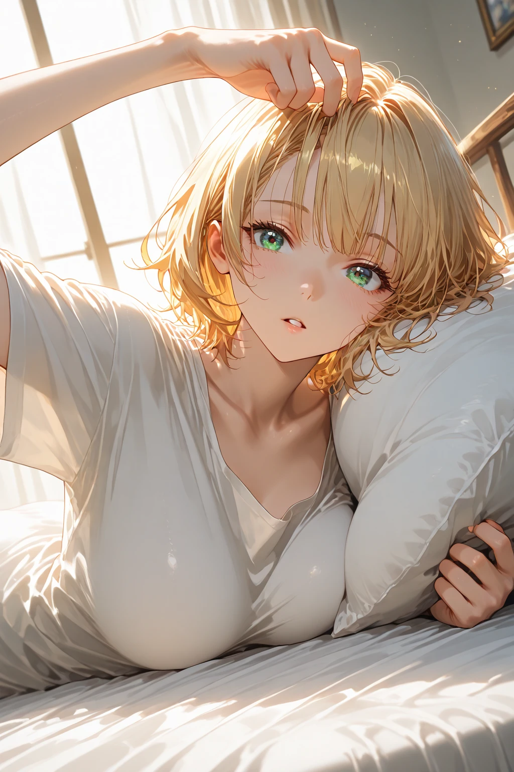 The upper part of the body、an oil painting、​masterpiece、top-quality、hight resolution、blonde hair、Medium hair、Sleeping in bed、Naughty look、White and pink checked bra、White and pink checked pantieending legemale face、Hot face、A slightly troubled look、