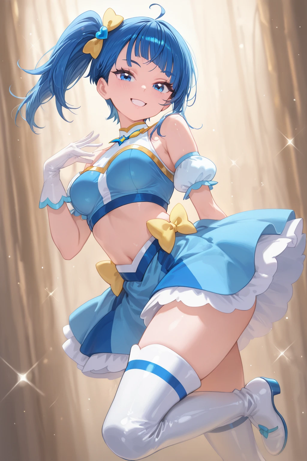Cure happiness, Low Twintails, Feather hair ornament, skirt, tiara, Wrist cuff, Pink shorts, shorts under skirt, boots, corruption, Hollow Eyes, Half closed eyes, Wicked Smile, There are no students, Crazy Smile, Open your mouth, 1 Girl, Mature Woman, Married women, Dark Magical Girl、Large Breasts（Huge breasts:1.8)