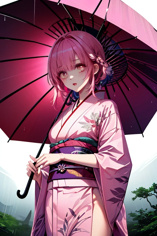 Anime Girls in a kimono outfit holding an umbrella in her hand, from East, in Kimono, East character, Zerochan Art, in a kimono, Pixiv style, Pixiv contest winner, From Kenshin, (Anime Girls), Beautiful anime artwork, East, East project, Pixiv, sayori, digital art on Pixiv, 着物A 17-year-old Japanese girl with vibrant hair colors, long hair, daring hair styling, slender figure, plump cheeks. She embodies the punk rock aesthetic, dressed like a punk rocker with bold attire, large sunglasses, a defiant expression. She stands at 170 centimeters tall, weighs 30 kilograms, wears long boots, with her thighs visible under a red pleated skirt. Adorned with numerous silver accessories. Depict with distinct outlines, using colors other than black for the outlines, using colorful hues for the outlines. She's into girls' rock, punk, Electric guitar, vibrant colors, stages, and backed by a band. An underground clubhouse with colorful lighting amidst the darkness. Colorful candies resembling mountains of treats are plentiful, strewn all around. A tall, well-built man with blonde hair is present, adorned with tattoos, a nose piercing, and a split tongue.
