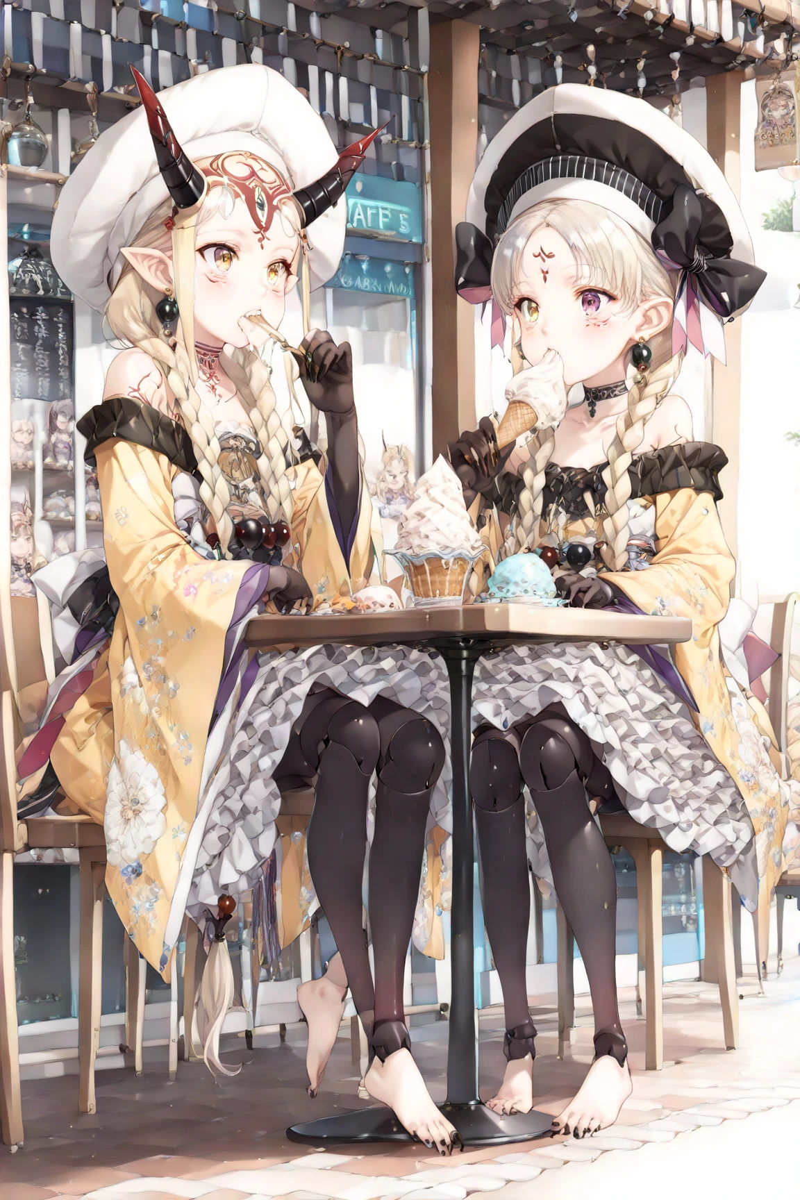 (masterpiece, detailed:1.2), Score_9, Score_8, Score_7, Score_6 high resolution, masterpiece, necessary, detail, best quality, quality, necessary, details, High details, Precise, 2girls, agirl_and_bgirl,

(((2girls, sitting outside, sitting at a cafe table, eating ice cream, (agirl, (Ibaraki Douji, Ibaraki_Douji, long hair, blonde hair, sidelocks, yellow eyes, pointy ears, facial mark, tattoo, forehead mark, oni, horns, sharp fingernails, japanese clothes, yellow kimono, earrings, jewelry, beads, off-shoulder, wide sleeves, barefoot)))

BREAK

(((2girls, sitting outside, sitting at a cafe table, eating ice cream, (bgirl, (Nursery Rhyme, Nursery_Rhyme, long hair, gray hair, purple eyes, hat, ribbon, frilled dress, frills, mechanical arms, mechanical legs, doll joints, twin braids,)))