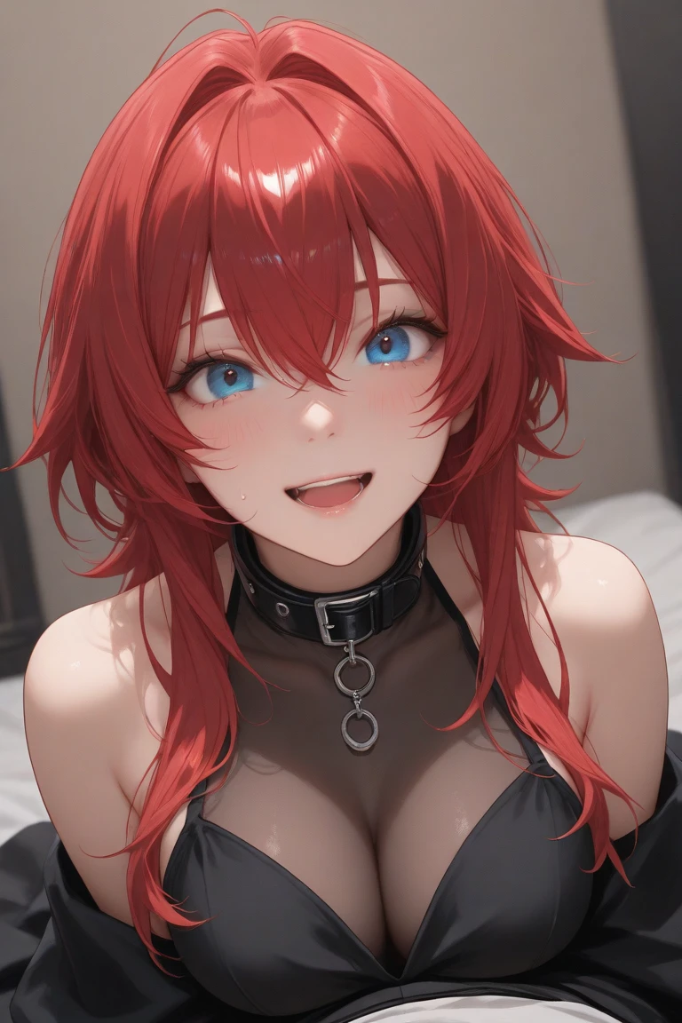 red hair, wet hair, blue eyes, heart earrings, ahego, anime style, sitting down in a chair, god rays, ray tracing, cinematic lighting, depth of field, from behind, UHD, masterpiece, retina, high quality, best quality, highres, 8k, thick, ((face only)) , (((jet black mesh dress))), ((seductive smile)) ((close up to face))