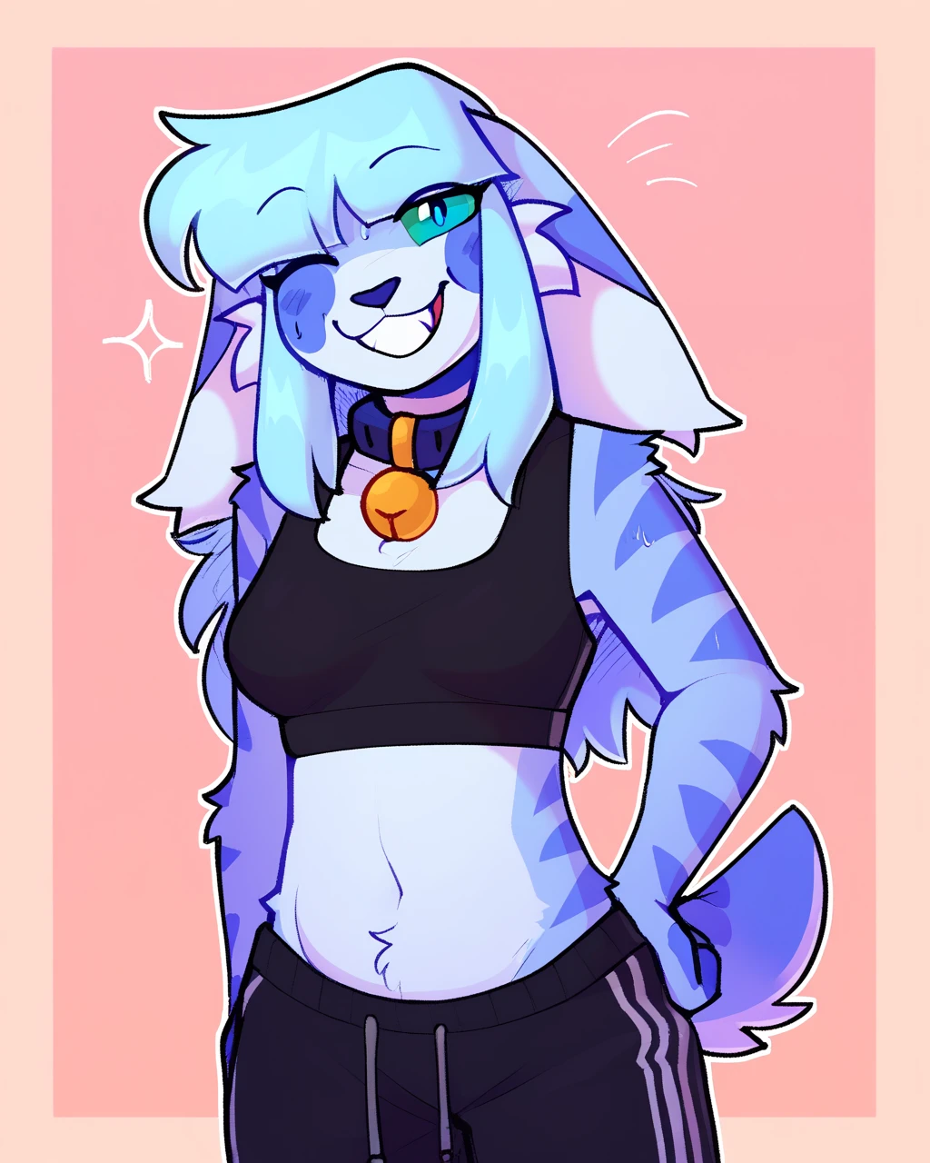 score_9,score_8_up,score_7_up,score_6_up,score_5_up,score_4_up, Lynx, purple fur, purple eyes, anthro, blue hair, purple hair, eyeliner, eyelashes, black eyeshadow, furry art, cheeks tuft, shoulder tuft, male focus, femboy, fingerless gloves, cute fangs, kemono, shota, fluffy neck, icon portrait, claws, black nails, navel, showing teeth, covered nipples, (by coffeesoda), 3d, blender software, crop top, backwards cap, thong, bulge, erect covered penis, medium hair, necklace, 5 fingers, tight clothing, slut written on clothes, arms behind head, black clothes, hair multiple colors, gradient colors, long hair,