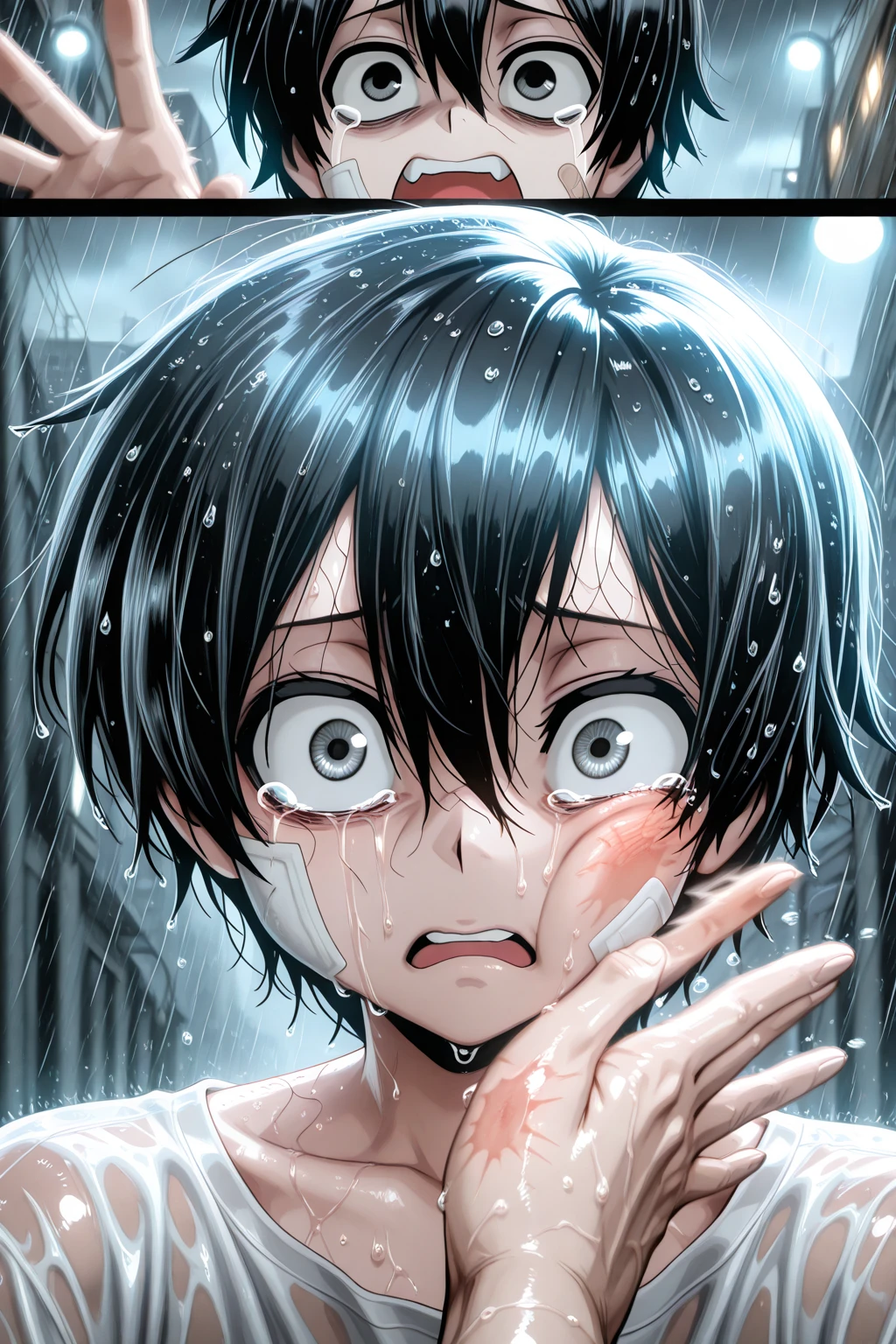  binta,slap,suicide boy, lee hoon, black hair, grey eyes, baggy eyes, white gauze, bandages,anime screencup,Half-Body Portrait of a Sad Boy Standing in the Rain, Crying, Streaming tears, screaming, Close-Up on Him Tearful Face, Heavy Raindrops Falling, Wet Hair Clinging to Him Skin, Eyes Filled with Sorrow, Quivering Lips, White clothes, Soft Glow of Streetlights Reflecting in Him Eyes, Rain-Soaked Clothes, Cold Breeze Moving Him Damp Hair, Dark Cloudy Sky, Blurred City Lights in the Background, Dramatic and Emotional Atmosphere, Water Droplets on Her Skin, Subtle Lighting Highlighting Her Expression, Cinematic and Poignant Mood
