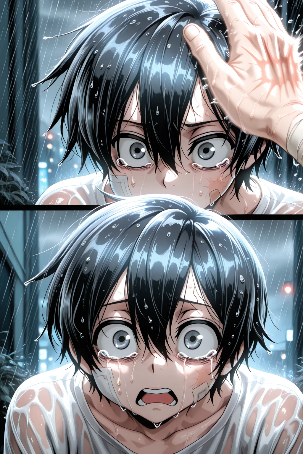  binta,slap,suicide boy, lee hoon, black hair, grey eyes, baggy eyes, white gauze, bandages,anime screencup,Half-Body Portrait of a Sad Boy Standing in the Rain, Crying, Streaming tears, screaming, Close-Up on Him Tearful Face, Heavy Raindrops Falling, Wet Hair Clinging to Him Skin, Eyes Filled with Sorrow, Quivering Lips, White clothes, Soft Glow of Streetlights Reflecting in Him Eyes, Rain-Soaked Clothes, Cold Breeze Moving Him Damp Hair, Dark Cloudy Sky, Blurred City Lights in the Background, Dramatic and Emotional Atmosphere, Water Droplets on Her Skin, Subtle Lighting Highlighting Her Expression, Cinematic and Poignant Mood