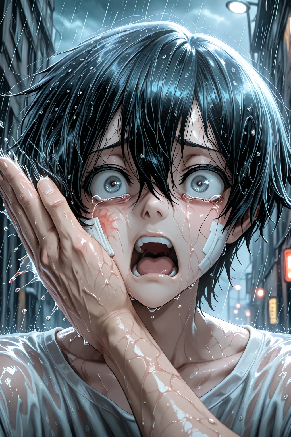  binta,slap,suicide boy, lee hoon, black hair, grey eyes, baggy eyes, white gauze, bandages,anime screencup,Half-Body Portrait of a Sad Boy Standing in the Rain, Crying, Streaming tears, screaming, Close-Up on Him Tearful Face, Heavy Raindrops Falling, Wet Hair Clinging to Him Skin, Eyes Filled with Sorrow, Quivering Lips, White clothes, Soft Glow of Streetlights Reflecting in Him Eyes, Rain-Soaked Clothes, Cold Breeze Moving Him Damp Hair, Dark Cloudy Sky, Blurred City Lights in the Background, Dramatic and Emotional Atmosphere, Water Droplets on Her Skin, Subtle Lighting Highlighting Her Expression, Cinematic and Poignant Mood