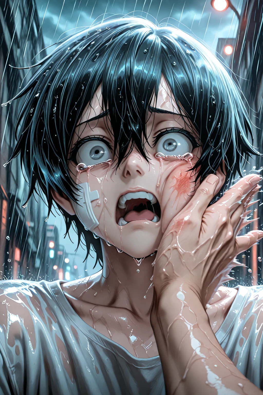  binta,slap,suicide boy, lee hoon, black hair, grey eyes, baggy eyes, white gauze, bandages,anime screencup,Half-Body Portrait of a Sad Boy Standing in the Rain, Crying, Streaming tears, screaming, Close-Up on Him Tearful Face, Heavy Raindrops Falling, Wet Hair Clinging to Him Skin, Eyes Filled with Sorrow, Quivering Lips, White clothes, Soft Glow of Streetlights Reflecting in Him Eyes, Rain-Soaked Clothes, Cold Breeze Moving Him Damp Hair, Dark Cloudy Sky, Blurred City Lights in the Background, Dramatic and Emotional Atmosphere, Water Droplets on Her Skin, Subtle Lighting Highlighting Her Expression, Cinematic and Poignant Mood