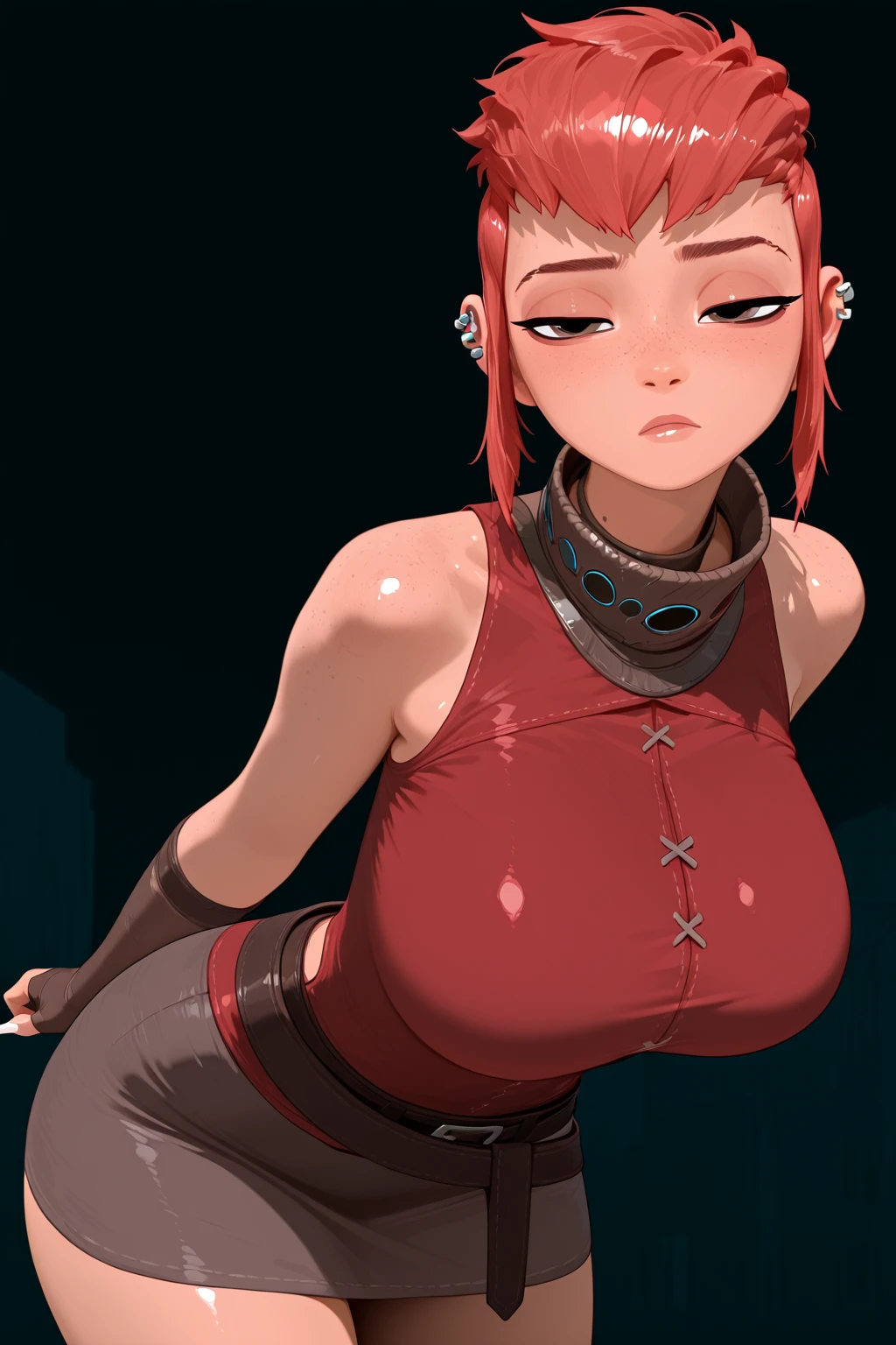 arafed female elf figure with face freckles commission for high res,wlop rossdraws, feminine, epic angle and pose,deviantart artstation cgscosiety, oc commission, nsfw version,1girl, solo, blue eyes,red hair, light smile,slim,thicc ,giant breasts, moist, wet, wearing transparent clothinasterpiece), best quality, expressive eyes, perfect face,(female:1.5),photorealistic,naked,topless,look at viewer,detailed hair,open waist,seductive, extremely detailed skin texture,bandages,smirking,nipple piercings, garter belt, mature female(bodybuilder 1.2)