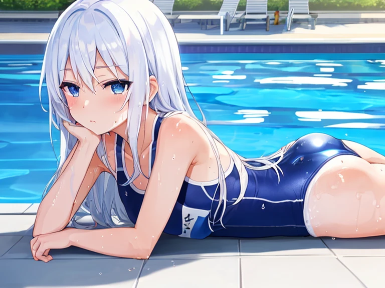 A , 11 years old, has white hair and blue eyes. She is not wearing a shirt, only very pink underpants. There is another person who inserts his thumb completely into the child’s mouth. The girl faints and saliva comes out of the child’s mouth. The child’s mouth is pink and beautiful. She is on the side of the pool, sitting on the person who is inserting his finger into her mouth In a swimming hall

