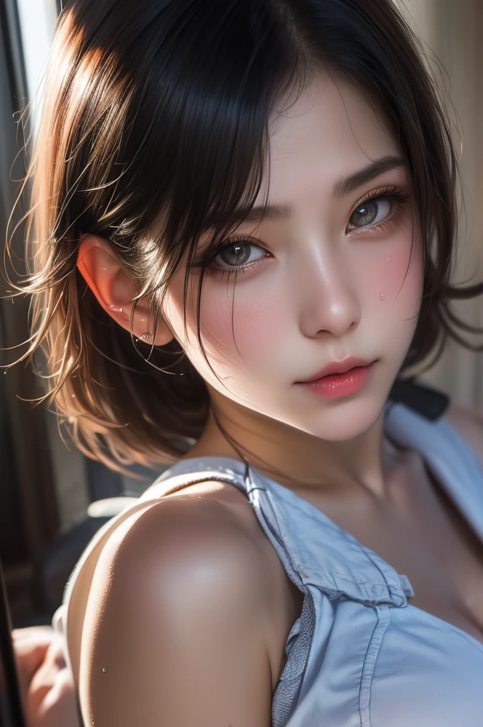 (Masterpiece, Top Quality), 1 MILF, Solo, Breasts, looking at Viewer, Short Hair, Big Breasts, cleavage, Black Hair, Brown Eyes, Multicolored Hair, Two-tone Hair, Lips, Makeup, Lipstick, blush , naked, real: 1.5, (from above:2.0,face close-up: 1.5), Sheer nipples,