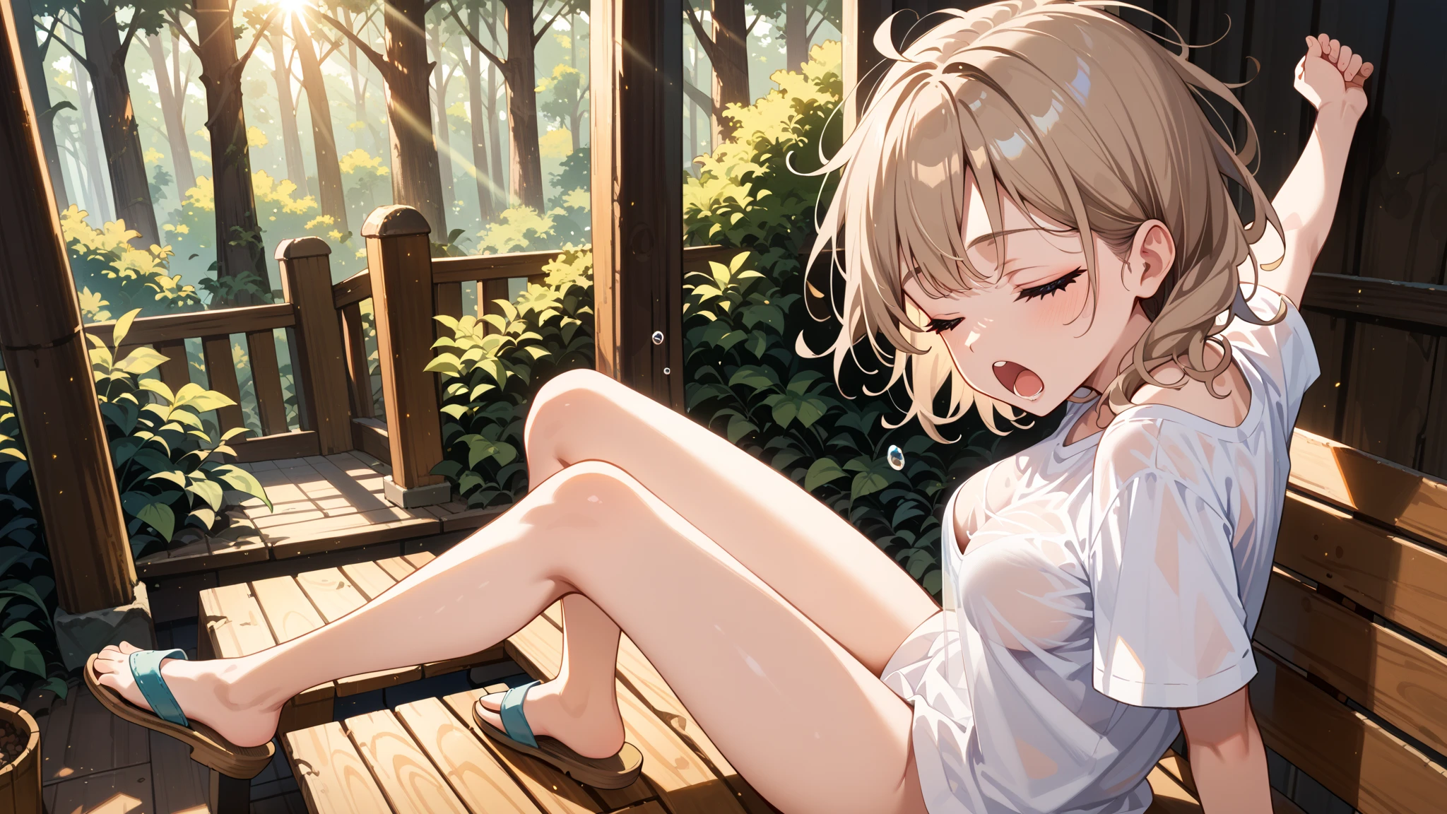 AngelicaV4, (blonde hair:1.6), red eyes, 1girl, barefoot, sitting, skirt, long_hair, breasts, shirt, grass, wet, underwear, outdoors, water, feet, tree, short_sleeves, nature, large_breasts, solo, pleated_skirt, panties, white_shirt, knees_up, wet_clothes, looking_at_viewer,  collarbone, forest, black_skirt, lips, bare_legs, glow effects, godrays, Hand drawn, render, 8k, octane render, cinema 4d, blender, dark, atmospheric 4k ultra detailed, cinematic, Sharp focus, big depth of field, Masterpiece, colors, 3d octane render, 4k, concept art, trending on artstation, hyperrealistic, Vivid colors, extremely detailed CG unity 8k wallpaper, trending on CGSociety, Intricate, High Detail, dramatic,