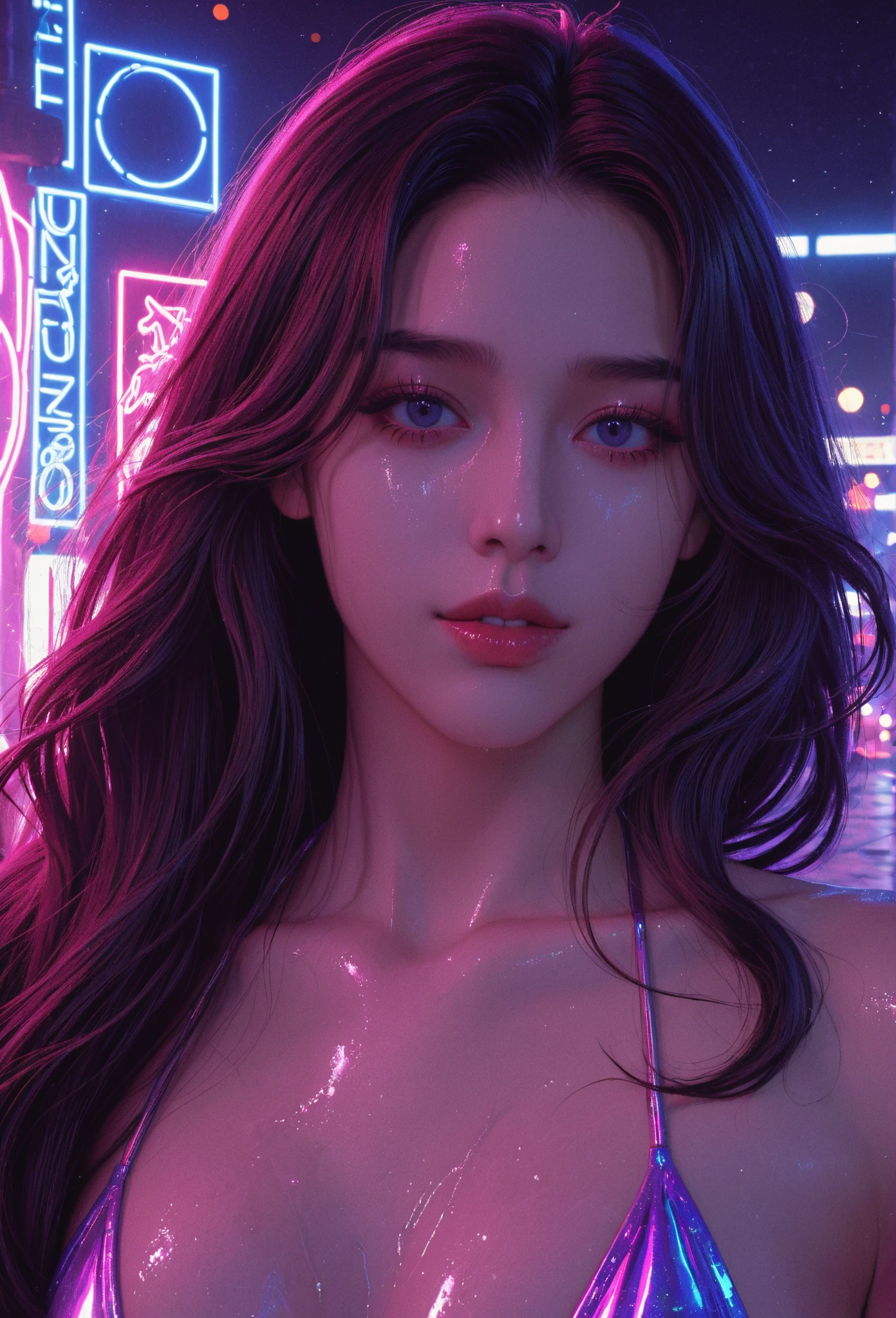 High resolution, masterpiece, Accurate, Anatomically correct, number々Awards for, Highest quality, Corruption, Attention to detail, High resolutionモデル, Very detailed, 超High resolution, Textured skin, The perfect human body、Detailed Background、Complete human、movie light effect, Background Blur, movie, Video recording, 

(((night:1.5, 深night:1.8, Starry Sky、night scene、Night pool on the roof of the building 、Nighttime pool with pink lighting:1.8), 

((Large Breasts Cleavage, Large Breasts, Long Hair, ))

(make up, Slingshot Micro Bikini:1.3)Double bun hairstyle, Inner Color, 