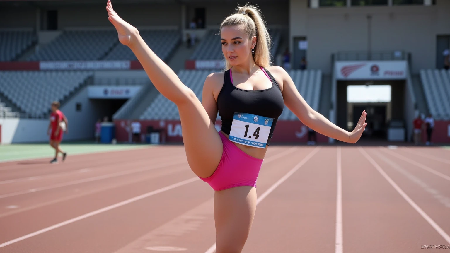score_9, score_8_up, score_7_up, BREAK,  <lora:Female_Athletes_Pony:1.3> ath1337,  sports bra,  bottom, knee length socks, shoes, track, sitting, , <lora:stretchingleg_Pony_v1:.5> stretching leg