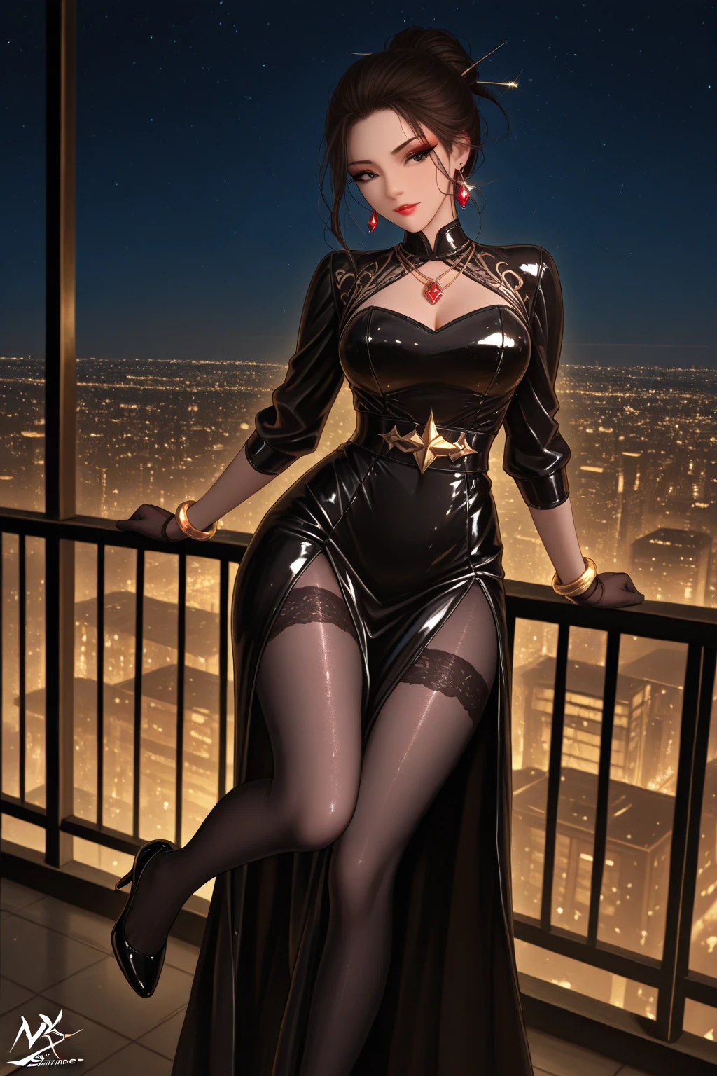 (Rich woman:1.5),solo, large breast, cleavage, bare thigh, elegant, diamond jawerly, (night city view:1),