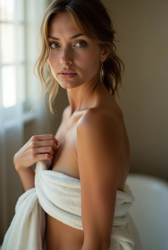 score_9, score_8_up, score_7_up, score_6_up, score_5_up, score_4_up, realistic style, photo, photorealistic, high detail, (sharp), BRAKE, girl, blonde, light hair, ponytail, green eyes, seductive figure, athletic figure, towel, fitness, in sports locker room, looking at viewer, body covered in sweat