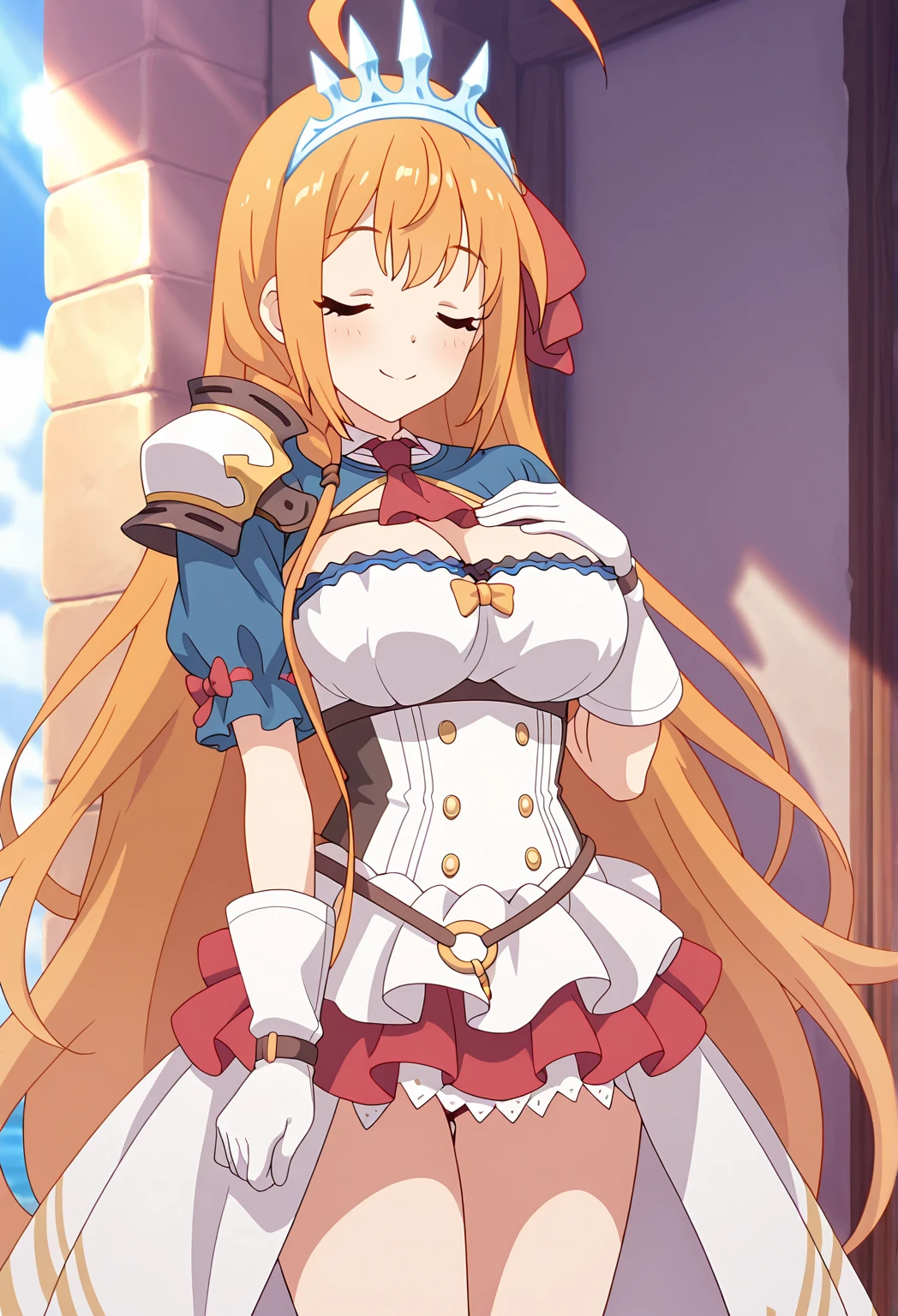 Pecorine, Blue eyes, Hair Ornament, Long hair, Orange hair, tiarra, braid, Hair braid,
Break Arm Belt, armor, ascot, Blue socks, long boots, Dress, gloves, Hair Ornament, Open your clothes, open dress, pauldrons, Pleated skirt, Puffy Short Sleeves, Puffy sleeves, Red Ascot, Red skirt, Short sleeves, Shoulder Armor, Single-pole drone, Skirt, sox, White Dress, wet panties, white footwear, White Gloves, 1girl, solo,
BREAK looking at viewer, (enormous gigantic huge breast:1.5, breast expantion, overflow breast, m-shaped spreading legs:1.5, skirt lift:1.5, wet panties:1.5, nsfw, ), (front shot, from above), BREAK indoor, in private room background, lyng on bed, tears,
BREAK (mastepiece, Best Quality, High resolution, Unity 8k, wallpaper), (Illustration:0.8), (Beautiful detailed eyes:1.6), extra detailed face, Perfect Lighting, extremely details CG, (Perfect hands, Perfect Anatomy),