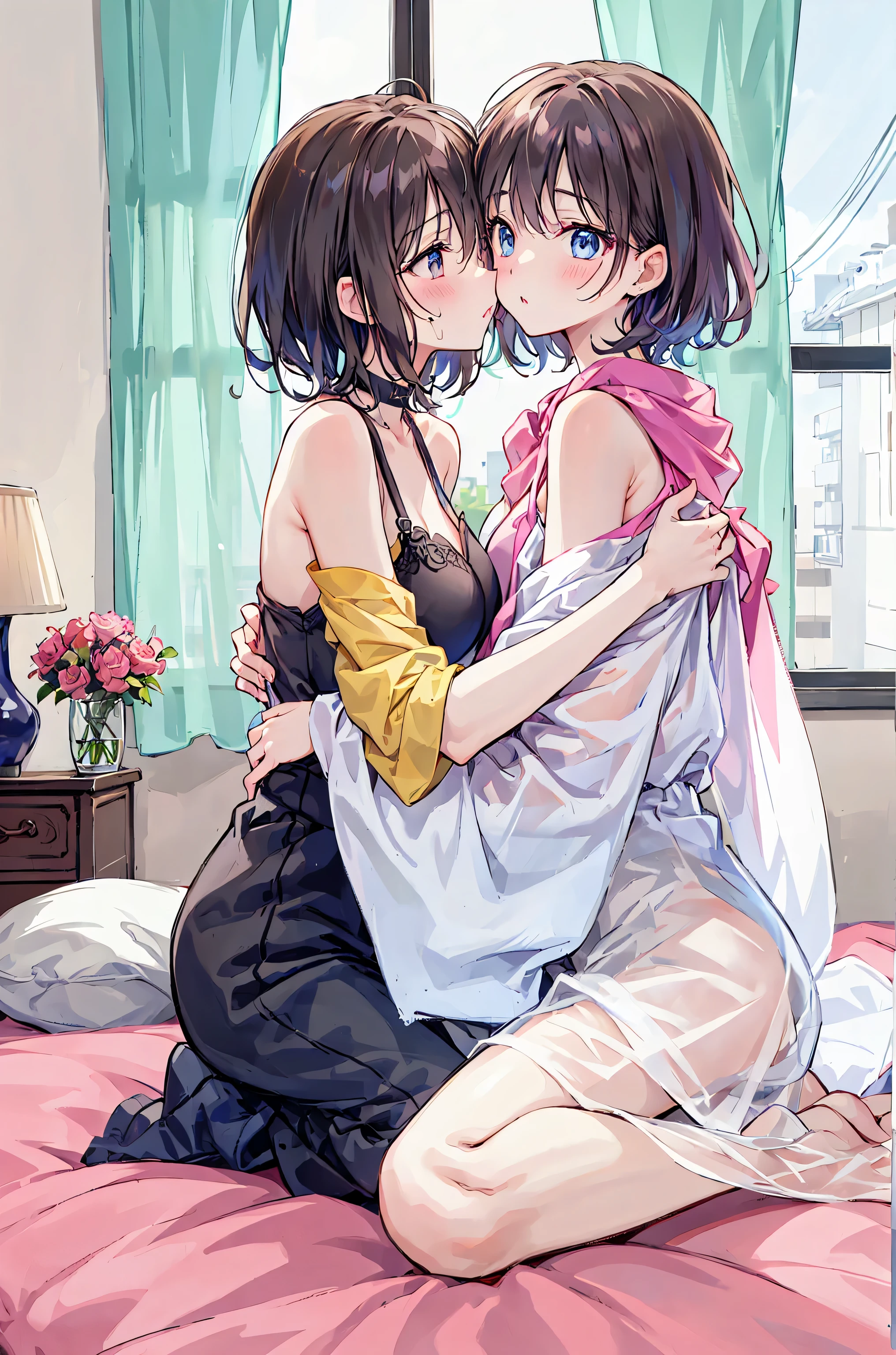 sit on a bed、Teen、Two people、Intertwined hands、kiss、Shorthair、Camisole