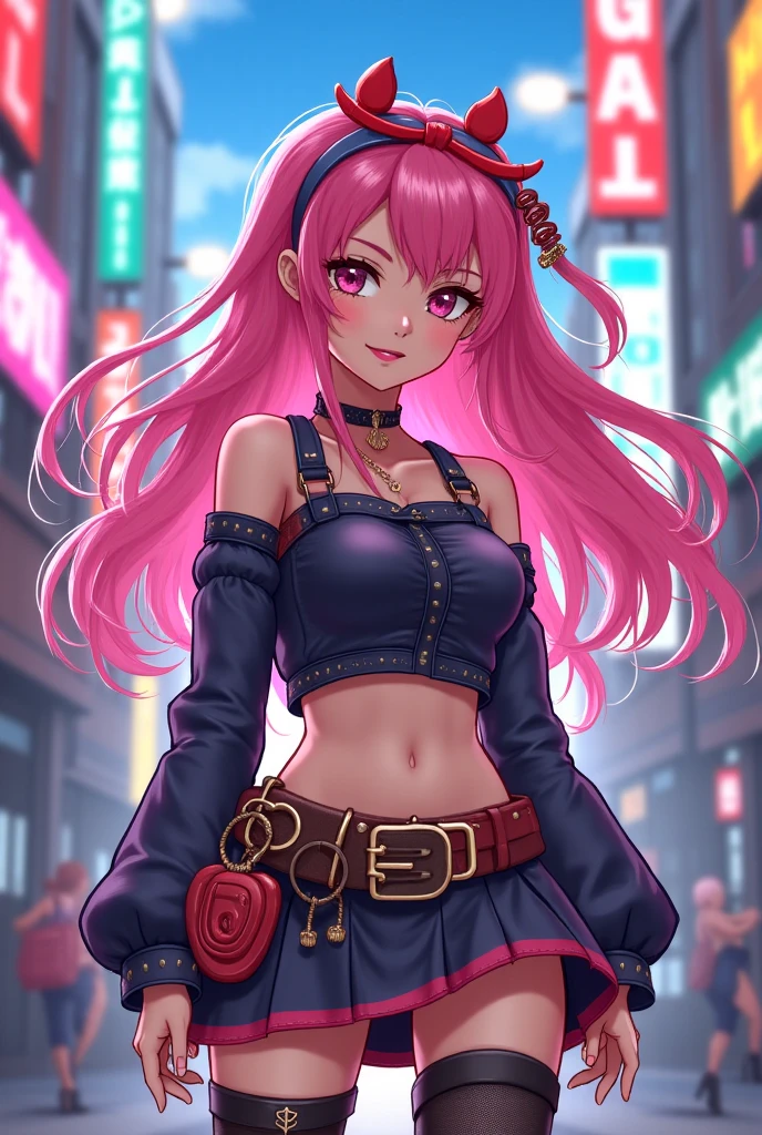 magenta tint、Vibrant colors、((tmasterpiece)))、(((quality)))、((ultra - detailed))、(Surreal)、(Very detailed CG illustration）、offcial art、CD cover、It will be、midsummer、The glorious 1980s、1个Giant ?????? Girl，Cool beauty、Beautiful eyes，cochetti gorgeous、incomparable beauty、Hair color、Rock music、jaqueta de couro、Superskirt、???? lift，perfect angle、Perfectcomposition、(evening，stairways，cherry blossom樹欉，cherry blossom，Clouds，corner store)，