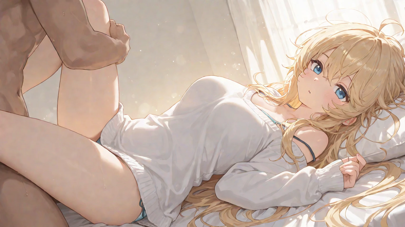 best quality，masterpiece, (a noble and beautiful woman), more anime, more hentai manga, hentai manga face, perfect body , beautiful body, healthy body, two beautiful legs , two beautiful arms , two beautiful hands, perfect bunny ears headband , beautiful blonde hair, more detailed blonde hair , detailed eyes, (huge:1.2) tit, huge ass, detailed ass, Fat, 40 years old, a woman’s body is (very sweaty:2.0) , bra and panties are (sexy:2.0), the woman is wearing ((only)) bra and panties, bra and panties are made of (transparent:1.8) fabric, (plump:1.1), beautiful crotch , ((((the woman is spreading her legs)))), the woman is bending her knees, full body, The woman is touching her hair with her hand, (smile1.0), sexual excited facial expression , ((There is a lot of ((white)) mucus on the woman’s (crotch))), blue eyed , the woman has (cross-eyed:1.3), cheeks are (flushed:1.3) , beautiful anal, two (big:1.5) nipples, prurient , orgasm, nympho, horny, sexual desire, lust, vulgar, ((on bed, in modern and luxury bedroom)), perfect contrast, perfect shadows --auto