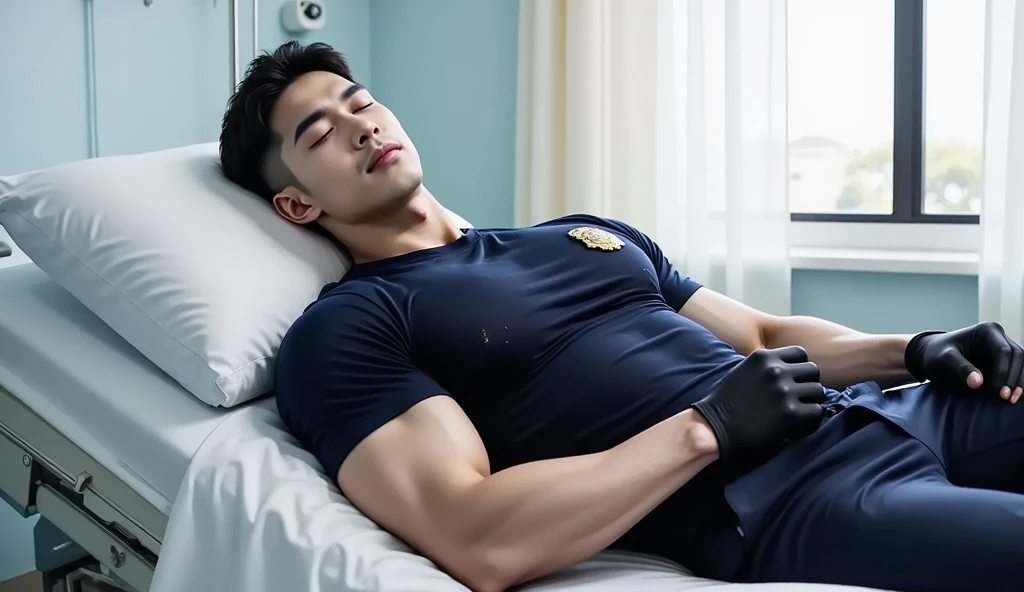 a young and very handsome, very muscular man, shirtless, with his eyes closed, wearing a surgery mask, lying on a hospital stretcher, on a black background