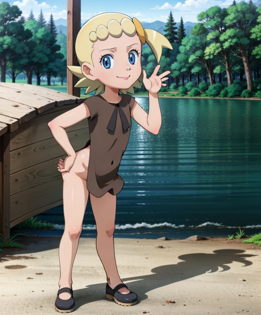 5yo Seras Victoria nude, happy, full body view, skinny, flat chest, red eyes, in a forest, at night, full moon, moonlight, moon in the background, visible chest, pussy