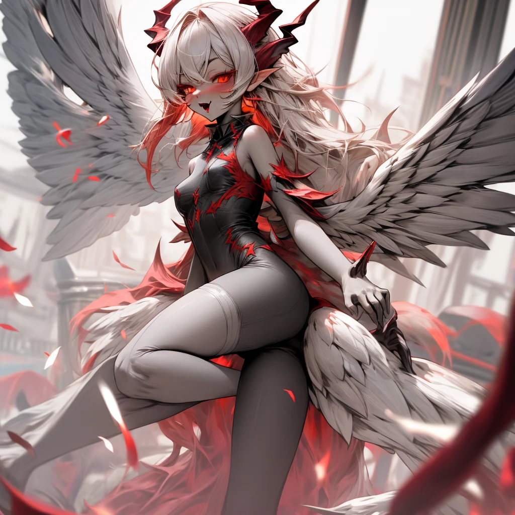 Anime, Female vampire, sucubus, full body, pale white skin, white folded wings, horns, red aura, red eyes, hanya horns, battle god, tatooed thigh, nude top, body runes, tail, strong arms