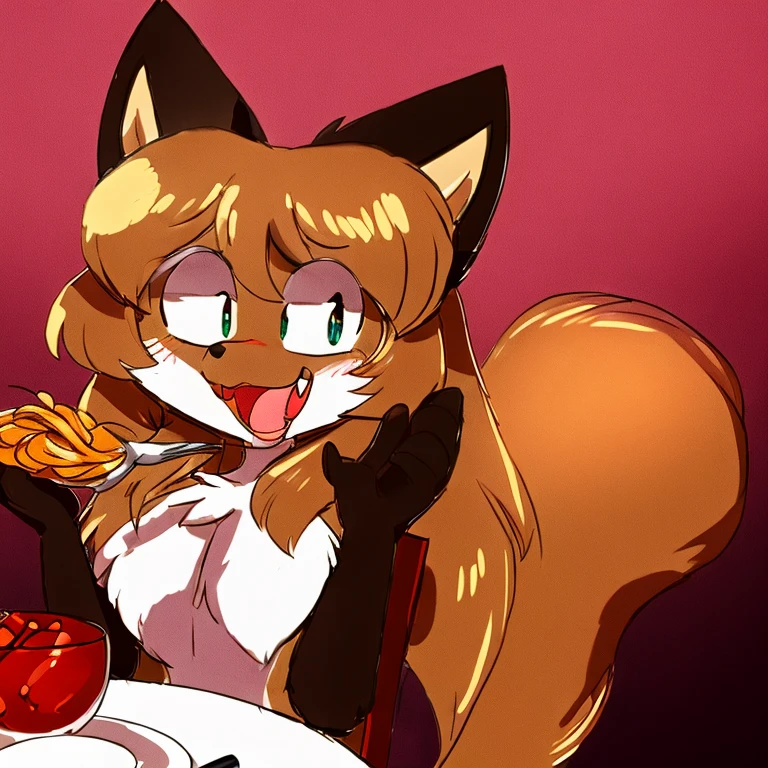 Nervous smiling, uploaded the e621, beautiful and detailed, woman (((female))) ((anthro)) Fox, (Averi, Fox girl), cinematic lighting, Fox, (anthro, fluffy fur, character focus:1.1), 1girl, anthro fox girl, body fur, curvy, sexy, nice, cute, hot, comfortable anime-style cartoon-style, digital drawing, SFW, flat chest, eating, spaghetti, eating spaghetti, fork, open mouth, fully open eyes, smiling, happy expression, sitting on chair, chain, simple background, table