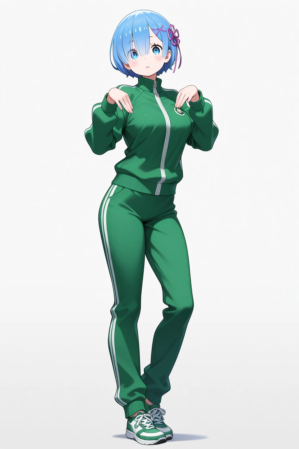 A closeup of a person in a green jacket and blue pants, terno asuka sob a roupa!, Posar, mas forte, wearing a tracksuit, Posando de personagem JoJo, hands behind her body pose! Cabelo curto inspirado em Mikasa, branca, cega, bonita