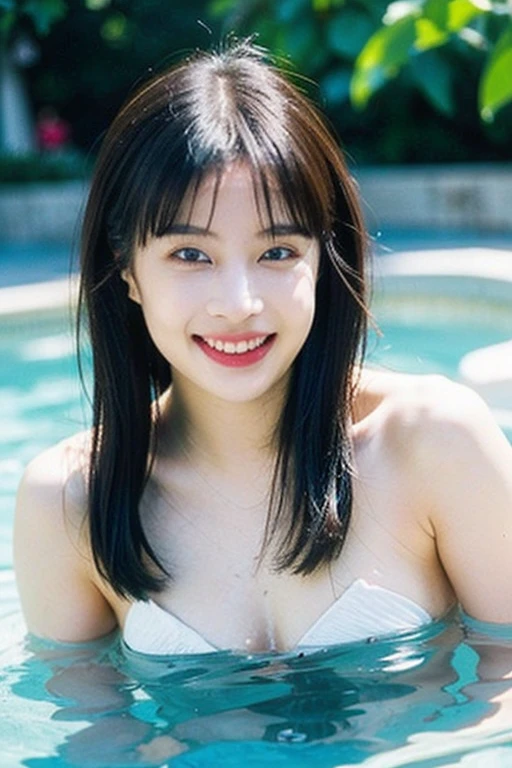 best qualtiy,tmasterpiece,超高分辨率,(realisticlying:1.4),1girll,Raised sexy,(swim wears:1.2),(Bigchest:1.3),(The upper part of the body:1.4),ssmile