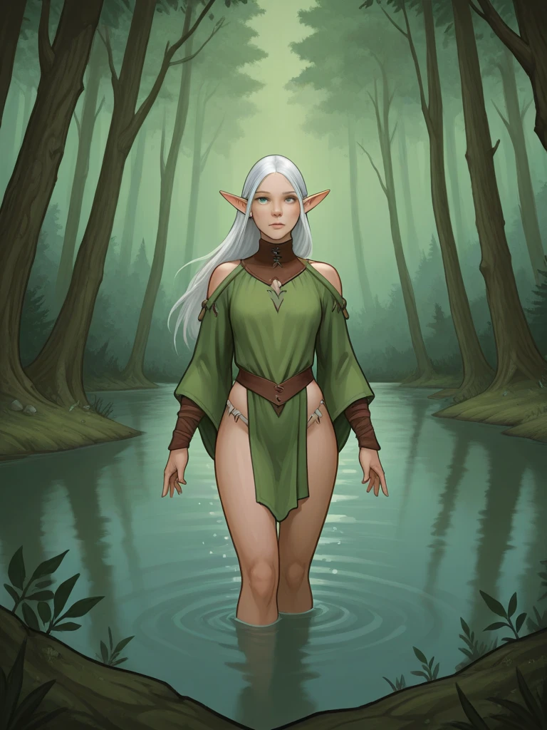 digital art, Helium-3 Mining Sites, 1girl, woman, (juicy elven lorekeeper:1.3), mediumspringgreen eyes, glasses, (evening gown, thigh cutout:1.2) [:wild, wild costume design:0.2], bombshell hair, white hair with peach highlights, Waterfall Braid, thicc hourglass figure, medium breasts, chinese