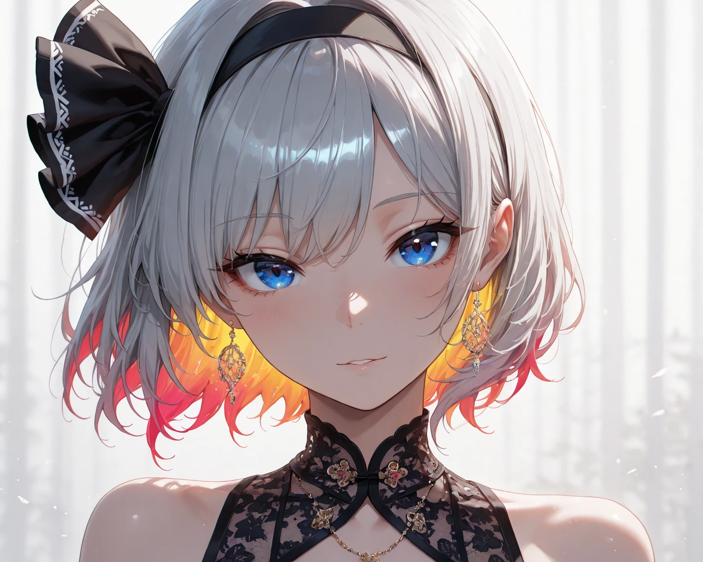 ((monochrome))(Image from chest up:1.4)((masterpiece:1.5,Highest quality,Beautiful images、Sketch、2.5D、Ink Painting、Abstract、Artistic、Portraiture))(1girl, solo)(medium breasts, white hair、bob hair、Beautiful cleavage、Exposing shoulders、Tattoo on shoulder)(Profile Portrait,Gaze sideways、Gaze diagonally、Shake your head、A sad expression, floating hair)(Monotone artistic background)from behind:1.5,Landscape