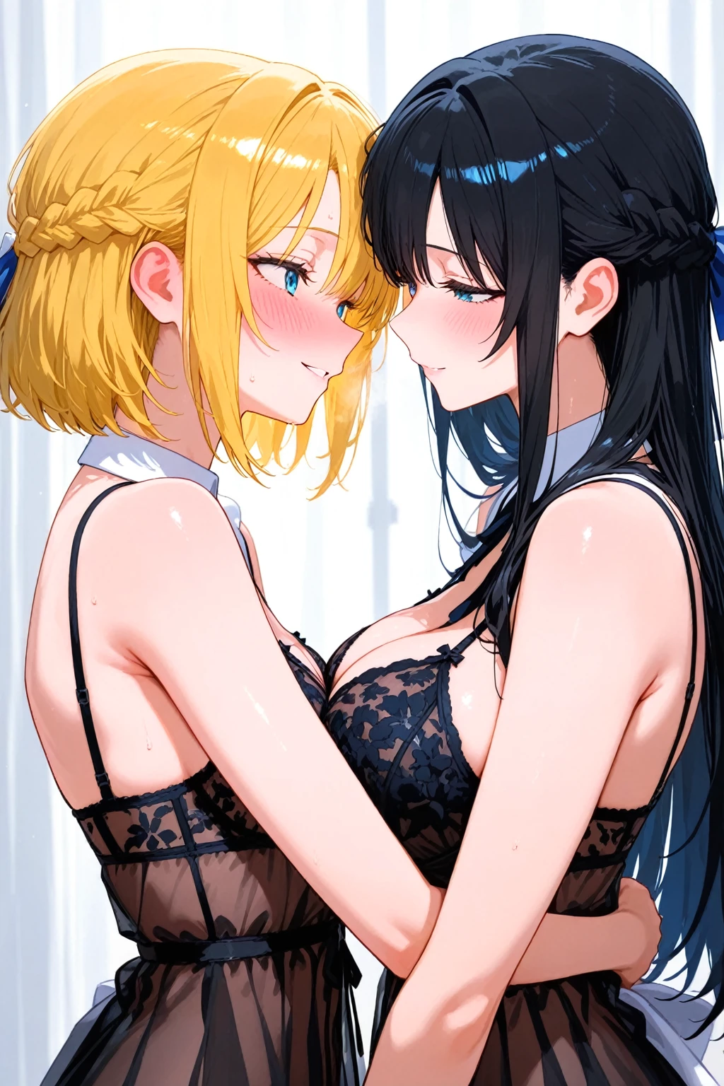 ((Masterpiece, best quality)), simple background, edgQuality, smug, edgHL, hentai lingerie, 2girls, yuri, lesbian, kissing, sex, sex pose, breasts, large breasts, random hair, hair ornament, thighhighs, gloves, bow, navel, bare shoulders, heart pasties ,upper body,