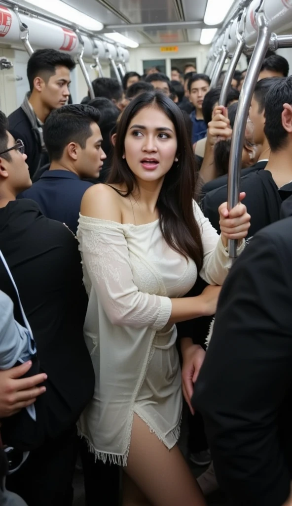 A very beautiful young Indonesian girl comes home from work at the office, was crying and struggling because she was stripped naked and was going to be raped by several adult men, The incident occurred on a quiet roadside in the city of Bandung, very realistic and detailed,