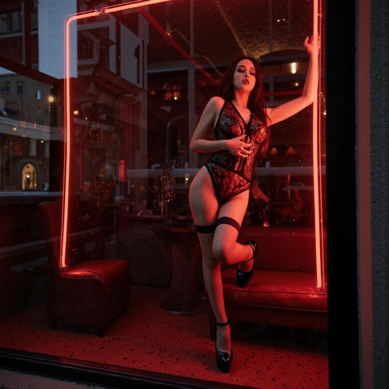 (8k, RAW photo, best quality, masterpiece: 1.2), (realistic, photorealistic: 1.37), 1 girl, Japan, 40s,, cityscape, night, professional lighting, photon mapping, radiosity, ripped, big, bright red see-through and very small bra, tip sticking out, areola protruding, pubic shape clearly visible, gal , Lots of lashes, Lame on the eyelids, Bright red lips, Pure black heels, Pubic hair, Lower abdomen bristles, Slender, Crotch open, are large and about to spill out of bra, See-through underwear, Pubic hair sticks out of underwear