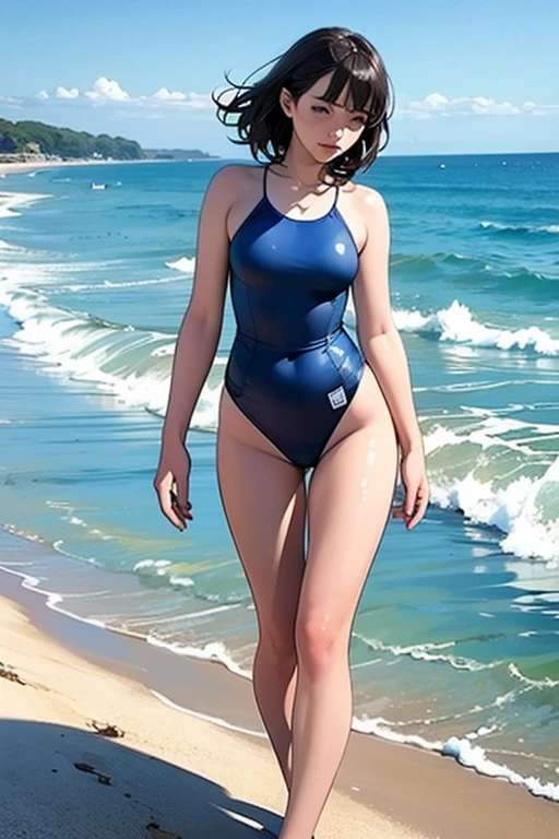 best quality, 8k, highly detailed face and skin texture, big booty short hair asian girl in blue latex suit with smile on a beach, looking at viewer, back view, sharp focus