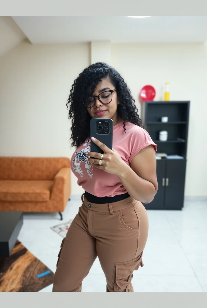 there is a woman with glasses and a black top posing for a picture, looks like fabiula nascimento, inspired by Maria Helena Vieira da Silva, ayahausca, inspired by Antônio Parreiras, selfie of a young woman, selfie shot straight on angle, with brown skin, 30 years old woman, 3 0 years old woman