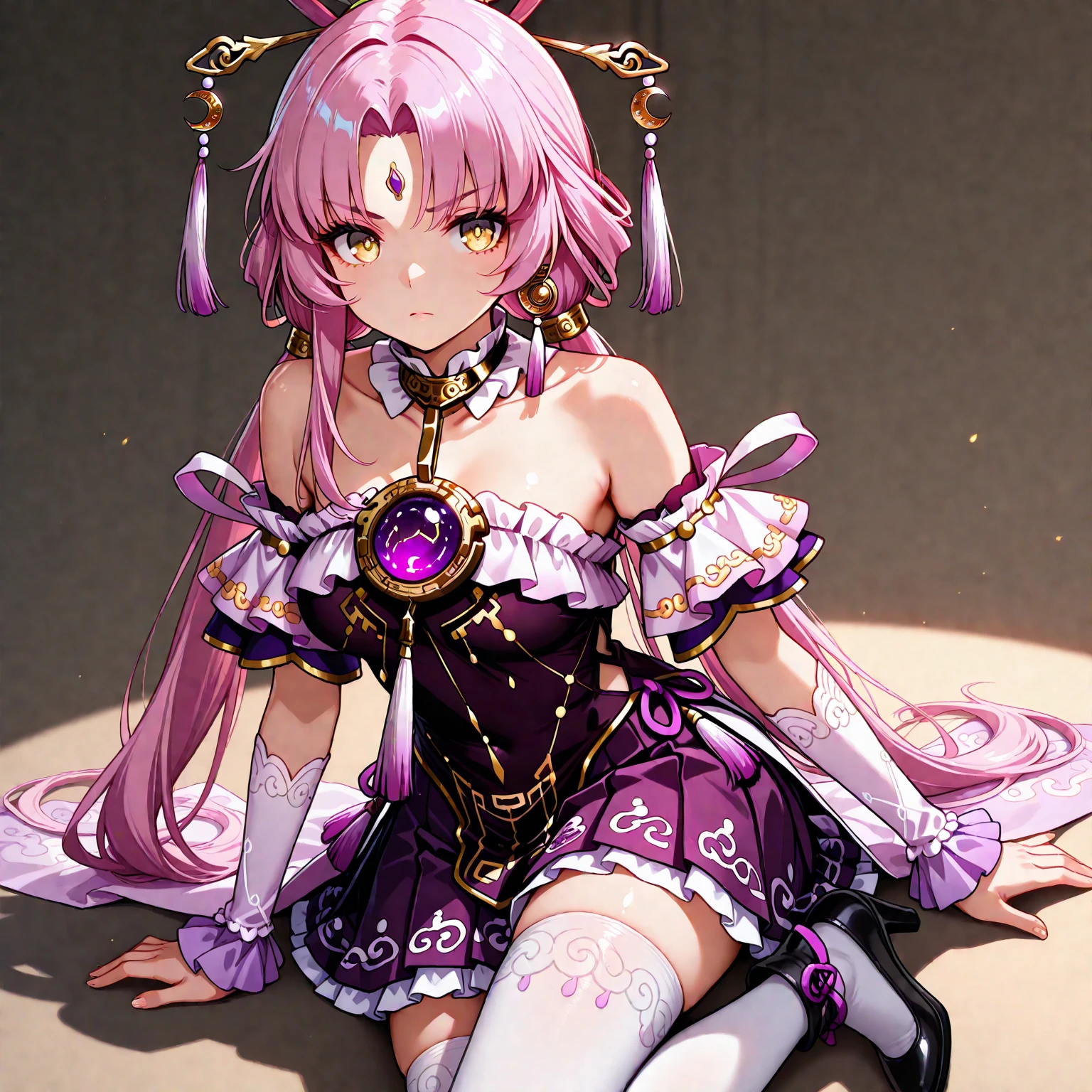 (masterpiece,8k wallpaper, best quality),(best illumination, best shadow, an extremely delicate and beautiful),
pink_hair, purple hair,  hair_rings,yellow_eyes,long_hair,hair_ornament,full body,off-shoulder_shirt,pink_nails,(forehead_mark),parted bangs,
1girl,solo,sitting,starry sky,chinese style background,cityscape,looking_at_viewer,white_pantyhose,cloud patterned legwear,(embroidered legwear:1.2),
scp foundation,jewelry:1.1,
<lora:fuxuan:1>,
