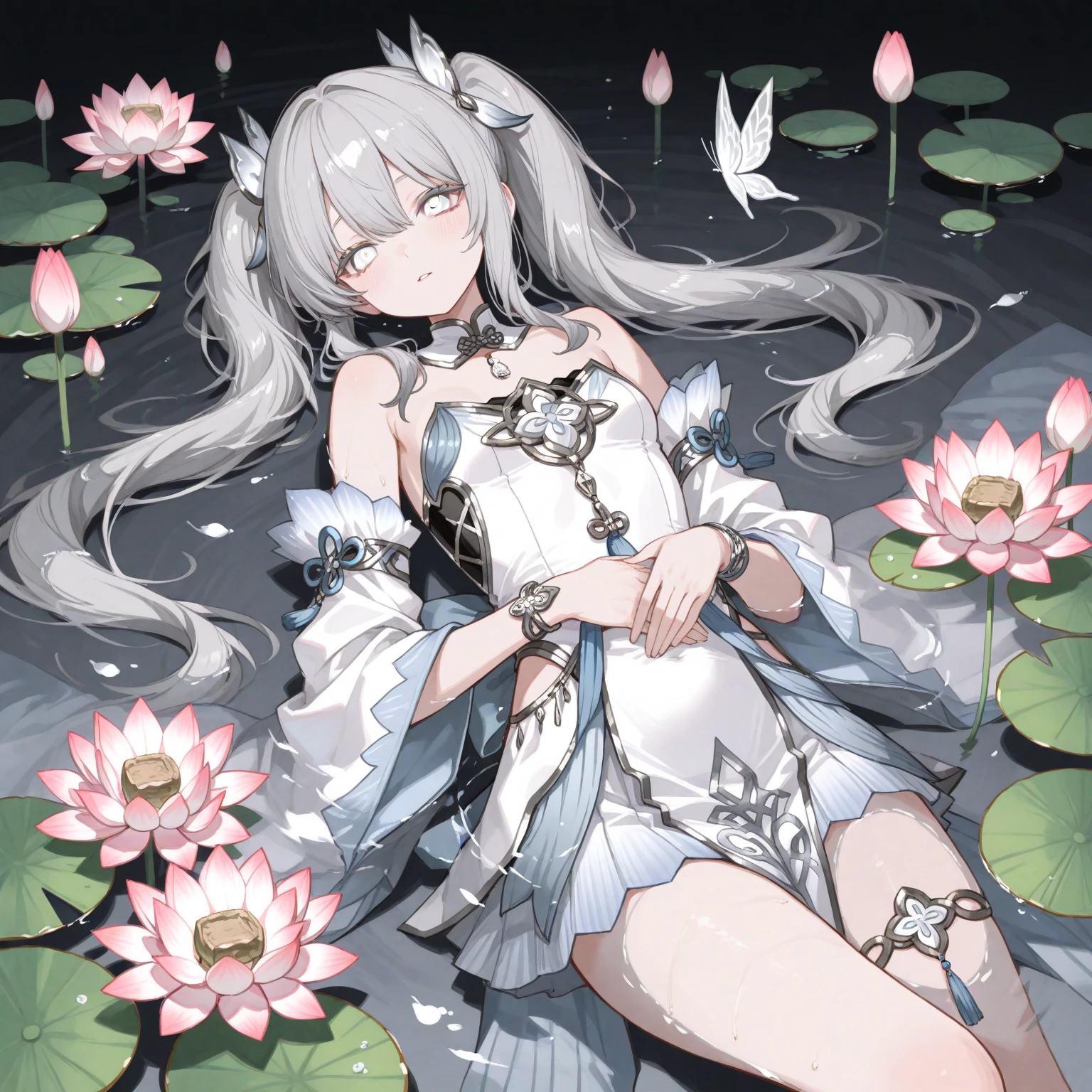 anime-background-style-v2, Super Quality, Vaporwave,Synth Wave,weirdcore, dreamy, full body,(core background:1.25),Water ring,
Visual effects:movie lights, [[red, blue, green, yellow, black, white, pink, purple, cowboy shot,
((colorful)), ink and wash painting, delicate and beautiful girl, ((illustration)), ((floating hair)), ((chromatic aberration))]]
(sitting in pool with lotus flower:1.1),(barefoot:1.0),(chinese style garden :1.0),wet
((art of paper-cut)),china ,Red and white,PAPER-CUT,calligraphy,man and wife,(Flower, insect and fish),
white background, full body,hanfu，red lips，light rays，east asian architecture, 1girl,solo,(extremely detailed CG unity 8k wallpaper, masterpiece:1.4, best quality:1.1, ultra-detailed, best shadow), (chromatic aberration),(detailed background), High contrast, (best illumination, an extremely delicate and beautiful),(beautiful detailed girl:1.1),(ultra-detailed), vibrant colors,sharp focus,seductive,gloss:1.2,(wind lift:1.4), 
realistic, octane rendering, faux figurine, depth of field,
white_paper lantern,torii,Shinto shrine
(cowboy shot:1.1),full body:0.7,((from above)),
((silver hair)),collarbone, (shiny skin:1.5),small breasts,beautiful detailed eyes, necklace ,earrings,hair ornament,sweat ,blush ,very short hair,perfect face:1.1,gorgeous body, (shiny skin:1.3) ,(high detailed skin texture:1.1),
detailed skin,
red eyes,stars in the eye,sevil smile,Gold_Triangle earrings,necklace, pink_hairpin,eyeball,eyeliner, (floating hair:1.21)
Black Kimono with red mandala flowers,Stockings,
(dynamic pose:1.2),sitting on the desk,looking to the side, (original) , (very detailed wallpaper) , (best quality) , (masterpiece) , photographic reality, realistic, very detailed illustrations, (extremely intricate:1.2) , beautiful eyes, (delicate face) , perfect detail, (best lighting) , (super complex details) , doujin cover