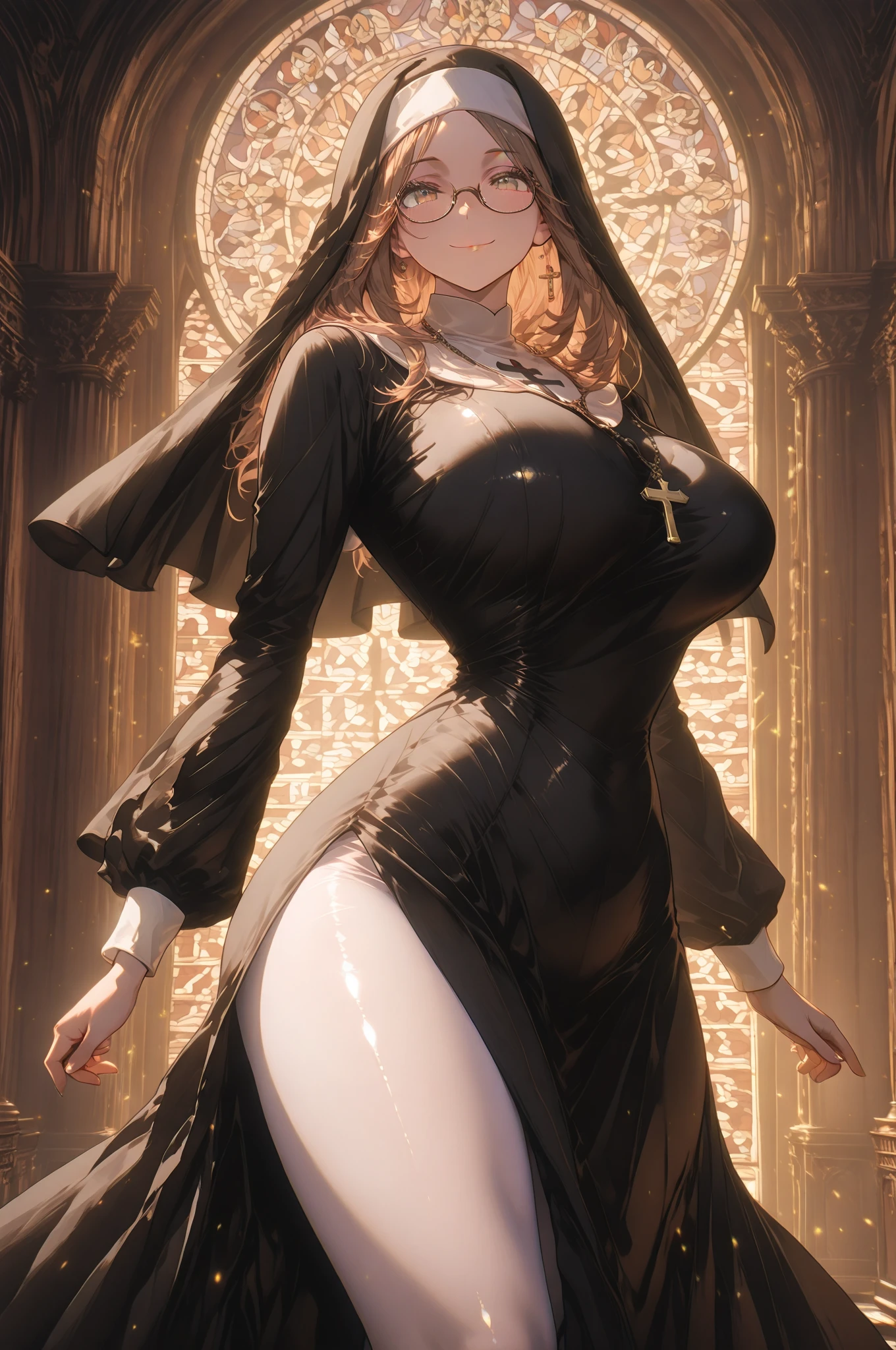 nun,Full breasts,church,cross,8K,Super Fine,Surrealism,masterpiece,high quality,Rich details