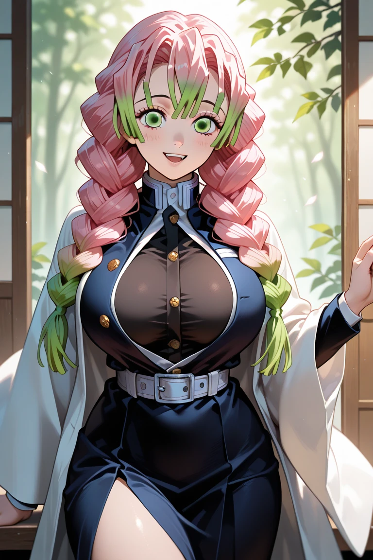 kanroji mitsuri, demon slayer, 1girl, solo, upper body, nature, sky, long hair, smiling, green eyes, pink hair, braid, outdoors, green hair, mole, blurry, twin braids, mole under eye, parody, portrait, large breast, huge breasts, bikini top 