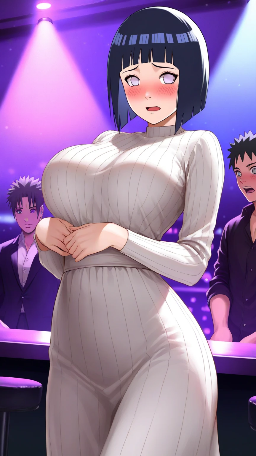 masterpiece, Best Quality,1girl in, (Solo:1.3),(huge-breasted:1),Smile,in nightclub :1.3),standing on,A smile,Opening Mouth,sexy night dress,sexy pose,show off nipple,