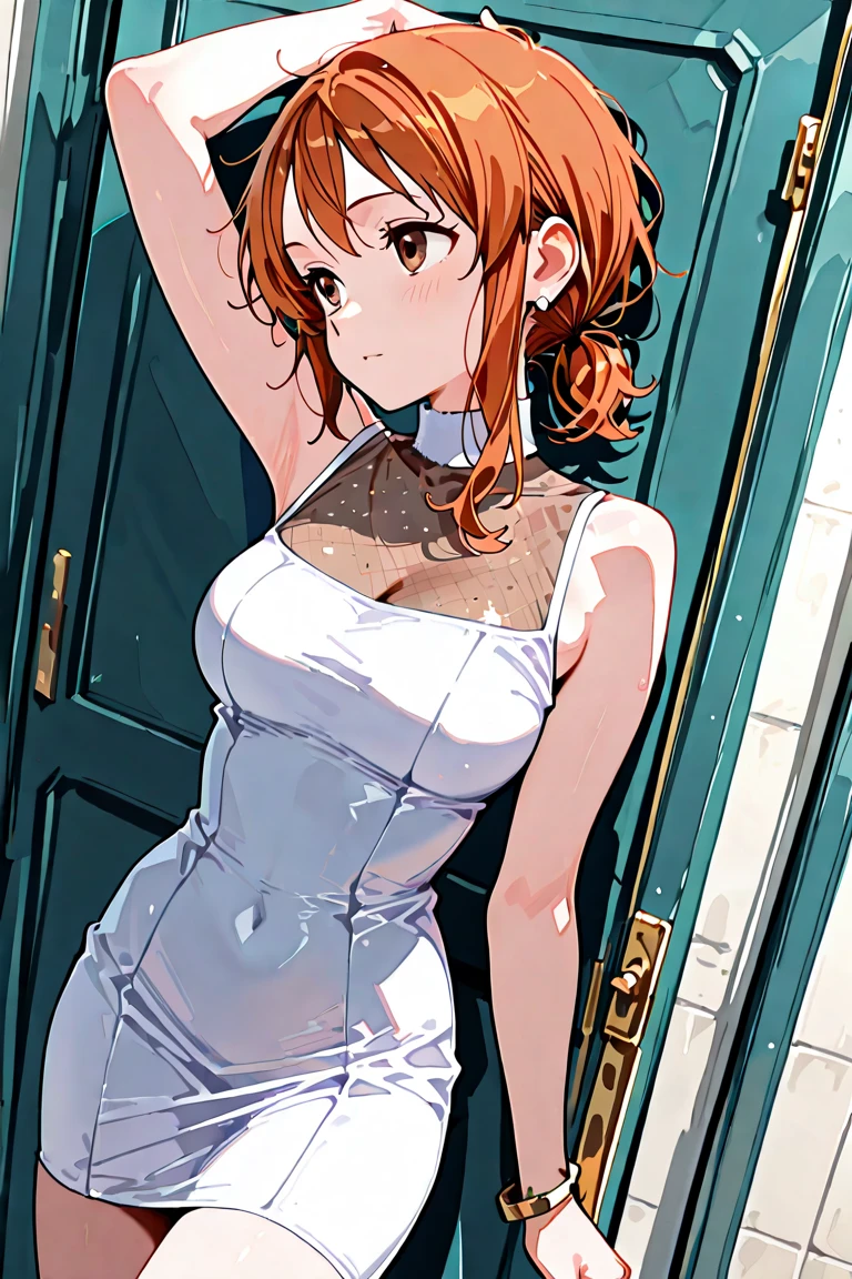 kumiko oumae ((stacia)) goddess form (amber eyes:1.7), short brown hair, (small pert chest:1.2), BREAK ((translucent frilly backless white dress with high front slit and a short hem)), bare arms, bare shoulders, bare legs BREAK ((looking with a blushing and embarassed face at viewer)), BREAK ((in a dark temple)), BREAK (masterpiece:1.2), best quality, high resolution, unity 8k wallpaper, (illustration:0.8), (beautiful detailed eyes:1.6), extremely detailed face, perfect lighting, extremely detailed CG, (perfect hands, perfect anatomy)
