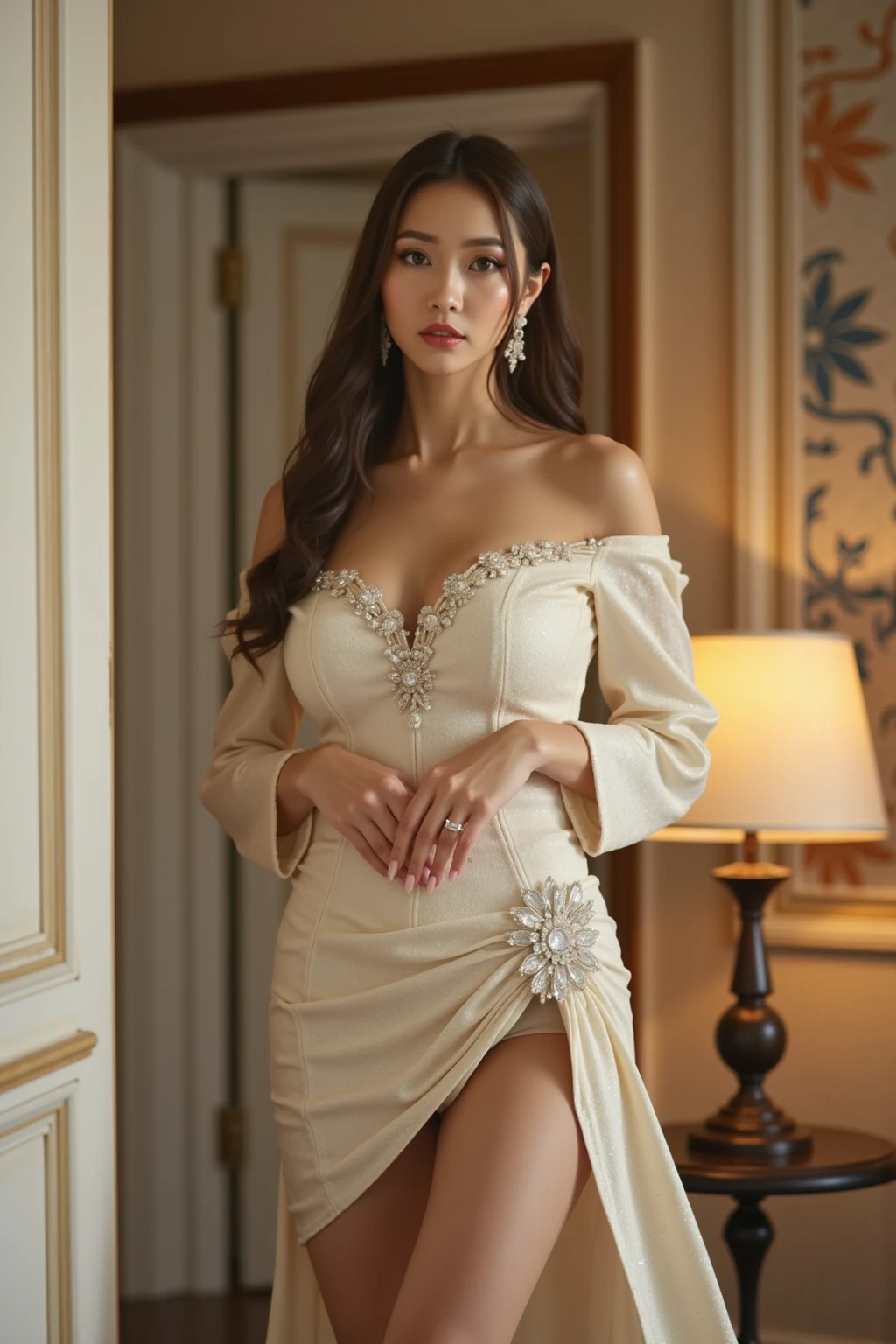 (RAW Photograph),35mm,(((Masterpiece))),ultra photo realistic, ((Beautiful pale white skin Euro-Asian maiden)),posing elegantly,(age 27,height 176cm,36-24-36 slim body figure,slim abs,slim natural round chest),(Indonesian empress style),(very long and wavy brown hair),((beautiful white majestic with gold embroidery and micro cut out long skirt gown(open chest, revealing,open thighs,no underwear))),(white cape),(white thigh boots),(gold mini headband),(gold necklace),(gold accents),highly intricate,very lovely details,very appealing view,natural lighting,ultra sharp image,((futuristic imperial white palace)),((UHD,8k)),(((Royo,Giger)))