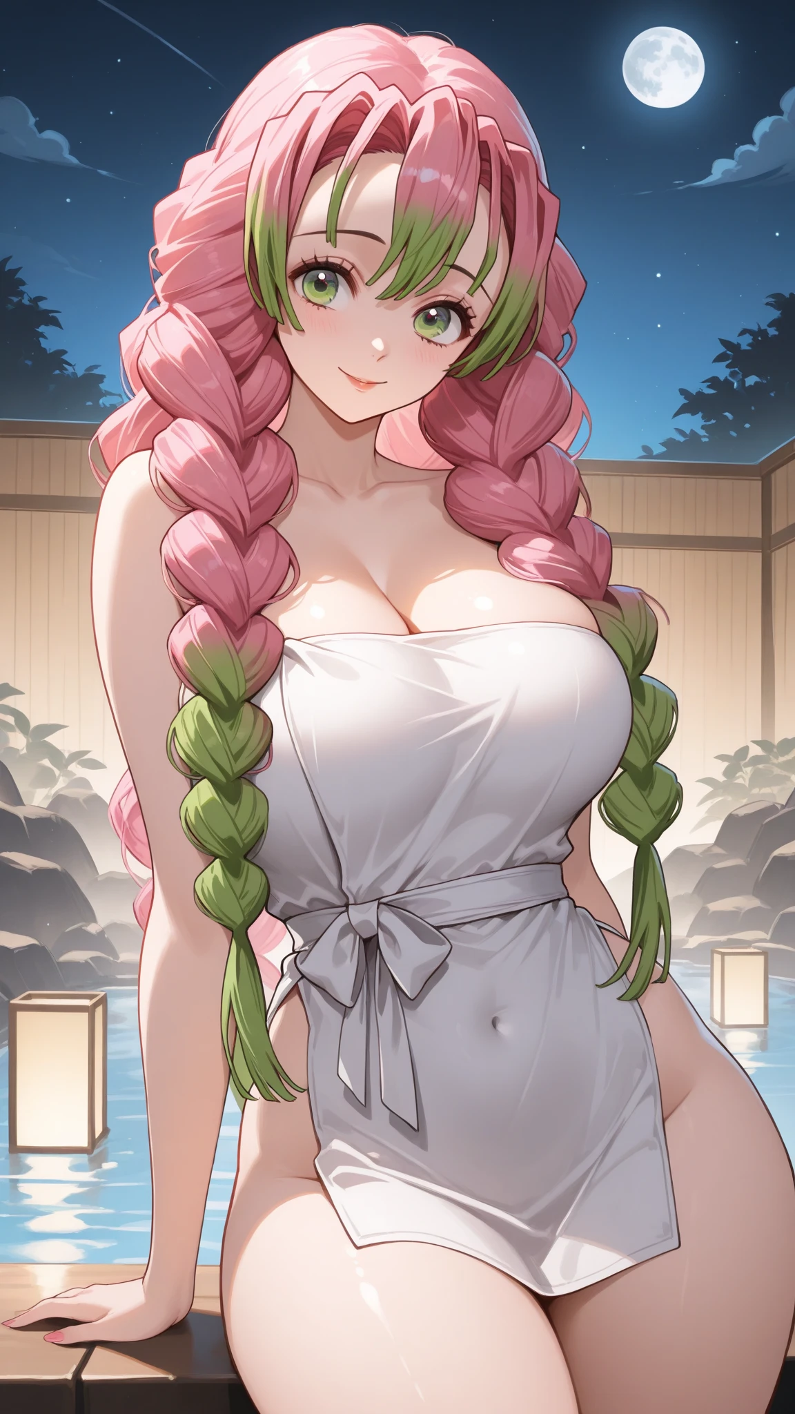 anime girl with nice tits and bra, sitting on a wooden deck, 1girl, breasts, kanroji mitsuri, solo, mole, green eyes, green hair, navel, mole under eye, braid, cleavage, smile, sitting, looking at viewer, thighs, large breasts, swimsuit, bikini, twin braids, outdoors, multicolored hair, blush, pink hair, cherry blossoms, stomach, cleavage, long hair, japanese clothes,(best quality:1.2),1girl(wide hips:0.8), 
