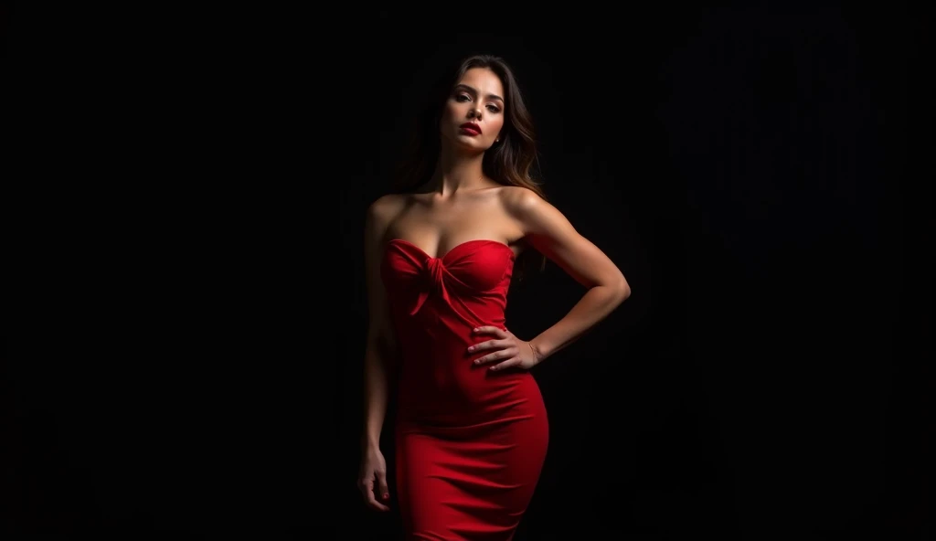 One female model wears a dress in various colors in a photo studio 