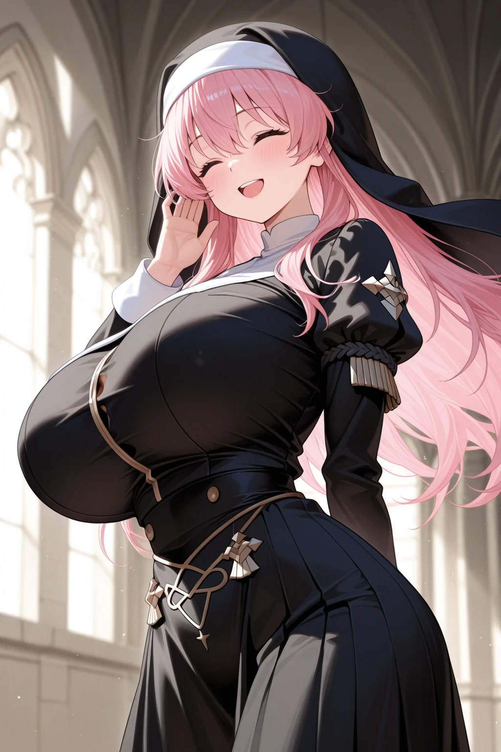 Striped hair, french braid, mismatched pupils, Chiaroscuro, back lit lighting, Gothic art, 16k, Best quality, Anatomically correct, High details,lewd nun,Leather bandages,Metal chains,huge tit,(Cocked buttocks),(Pink pupils),((Tong))