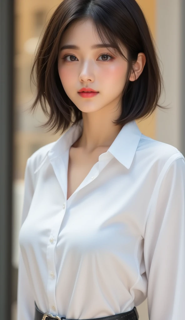 8K,Highest quality,(masterpiece:1.2),(Realistic),(Realistic:1.37),Ultra-high resolution,One Woman,smile,((Big Breasts)),Beautiful Eyes,(((White shirt))),Perfect body,Perfect Fingers,Professional Lighting,gravure,Detailed face and skin texture,fine grain,RAW Photos