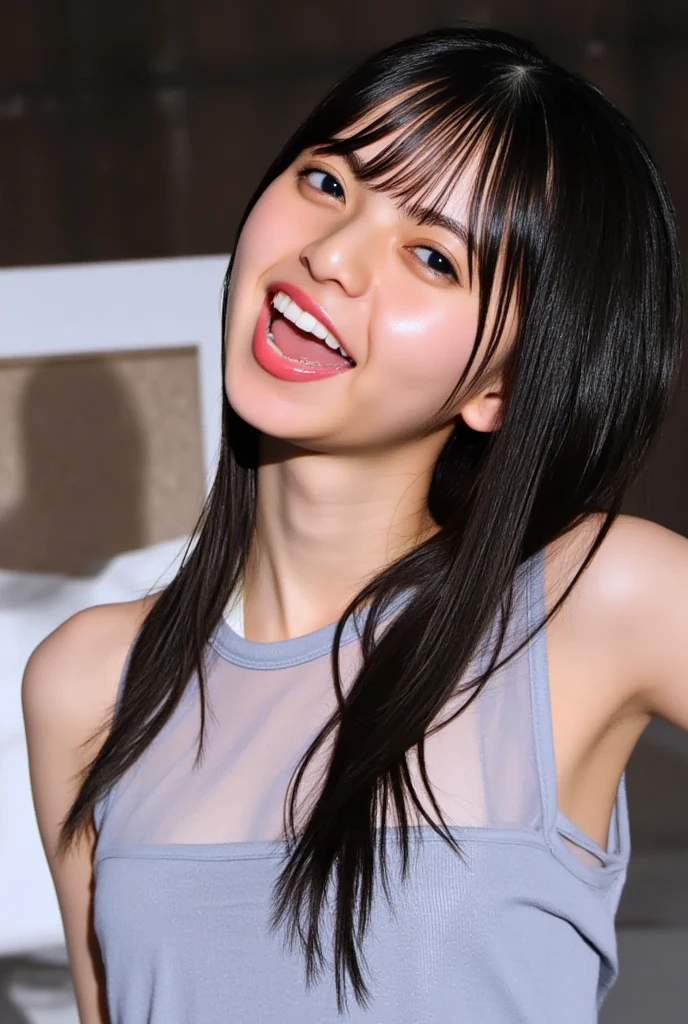 The joyful emotion of fun with straight black hair 